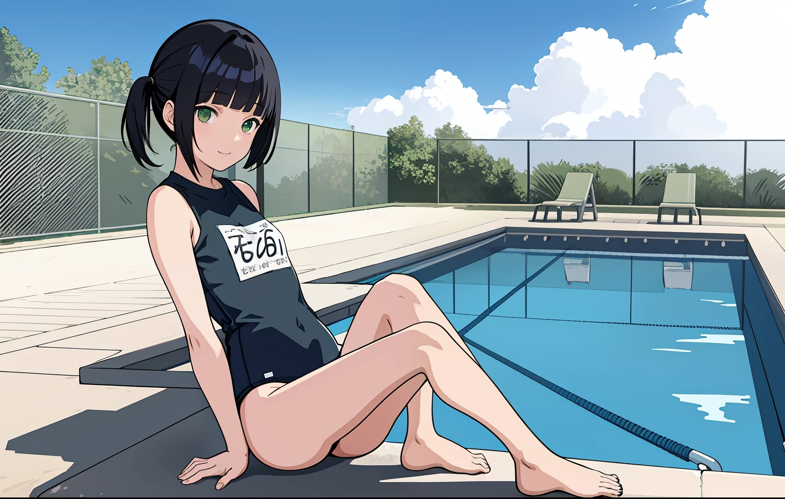 masterpiece, best quality, 1girl, short black hair, twin tail hairstyle, green eyes, school swimsuit, small breasts, happy, in swimming pool, standing in front of viewer, view from back, full body