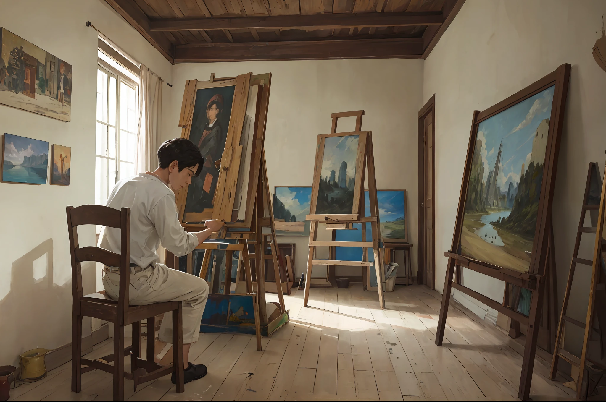 Paintings created by painters：On screen，The painter sits in a dusty room，Various unfinished paintings hang on the walls。The room is furnished with an old wooden easel and some color palettes and paints。The painter sits intently in front of the easel，His face is illuminated by the paint on the canvas that is reflected。