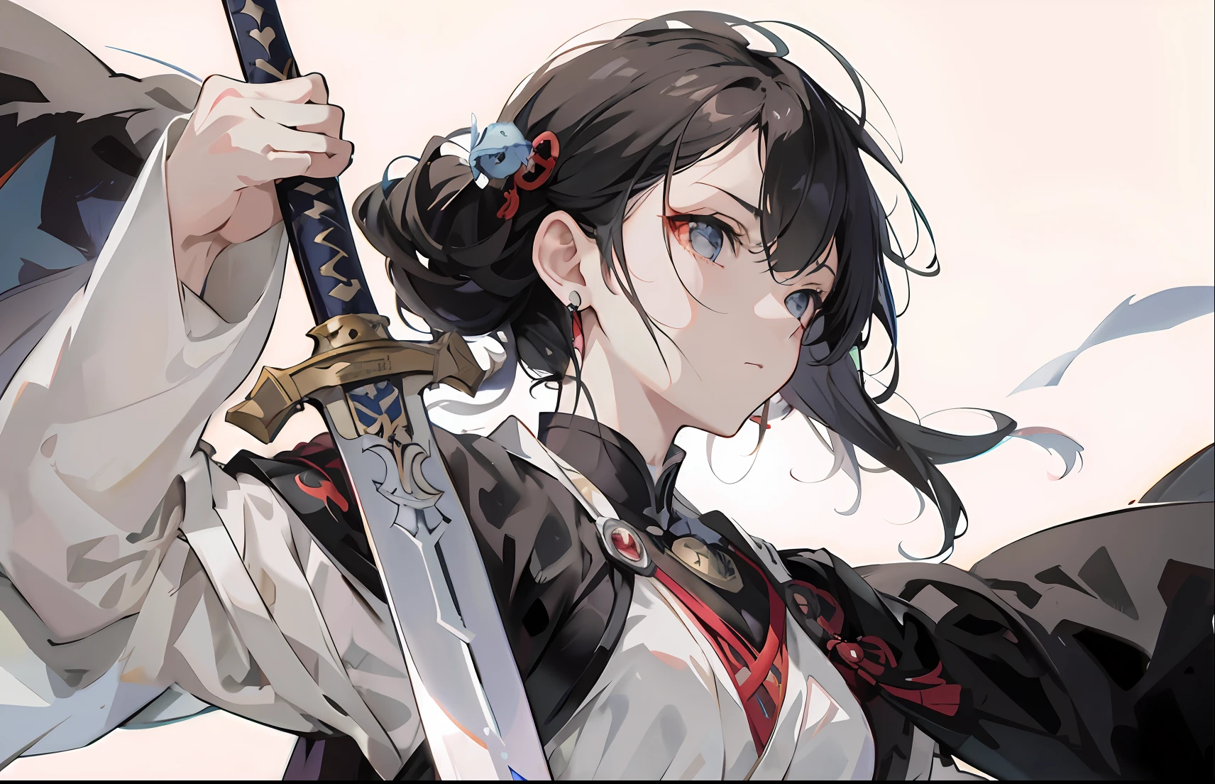 Anime girl with sword in hand and bird in background, holding a sword on her shoulder, detailed anime character art, Ayaka Genshin impact, female anime character, Detailed digital anime art, Badass anime 8 K, demon slayer rui fanart, From Arknights, she is holding a katana sword, Guviz, Keqing from Genshin Impact