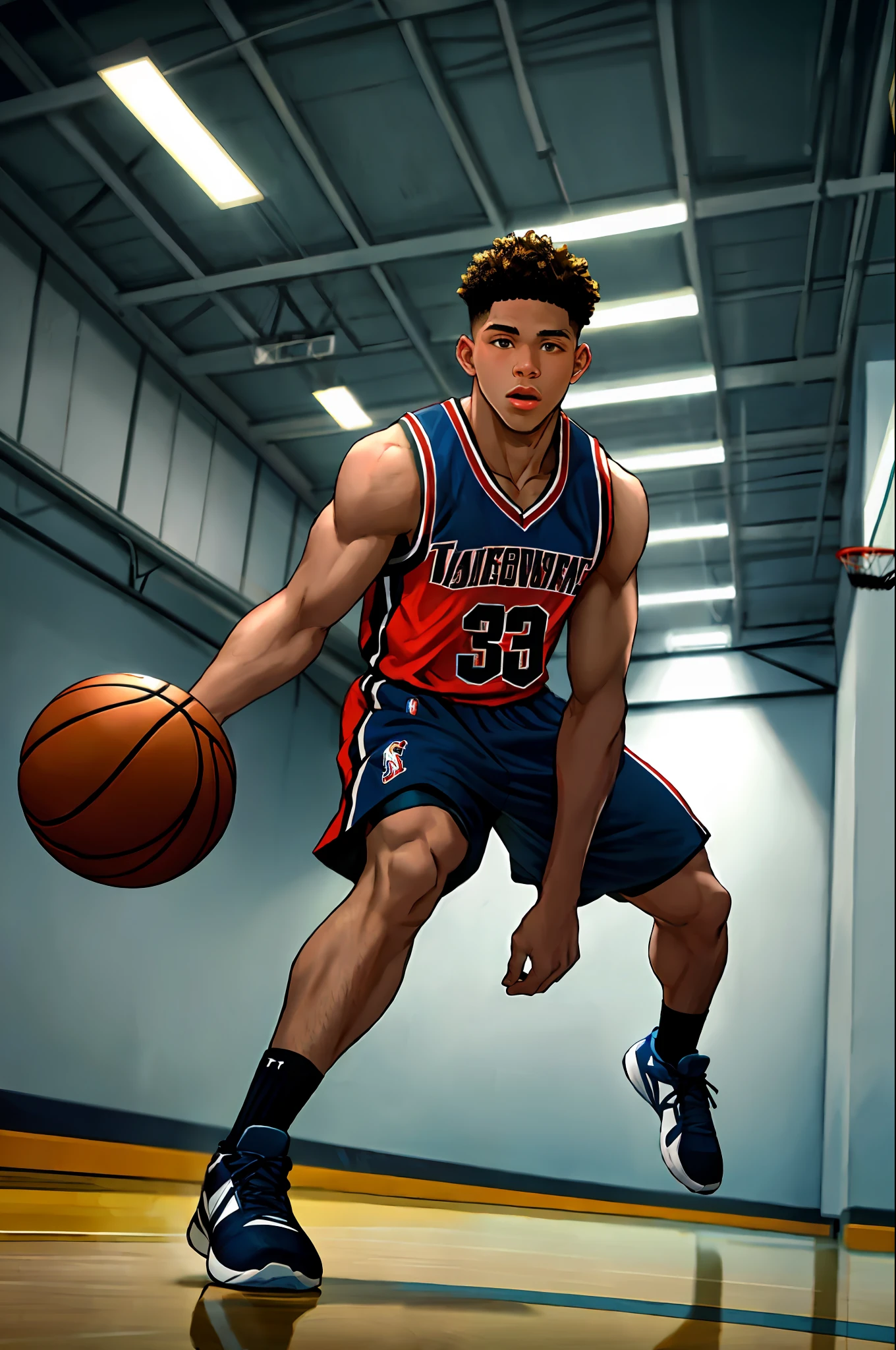 there is a man that is playing basketball in a gym, playing basketball, trending dribble, sporty physique, athlete photography, athletic tall handsome guys, trending on dribble, athletic fashion photography, photo in style of tyler mitchell, dribbling, wearing basketball jersey, profile shot, basketball, dribble, in style of tyler mitchell, focused shot, close-up shoot