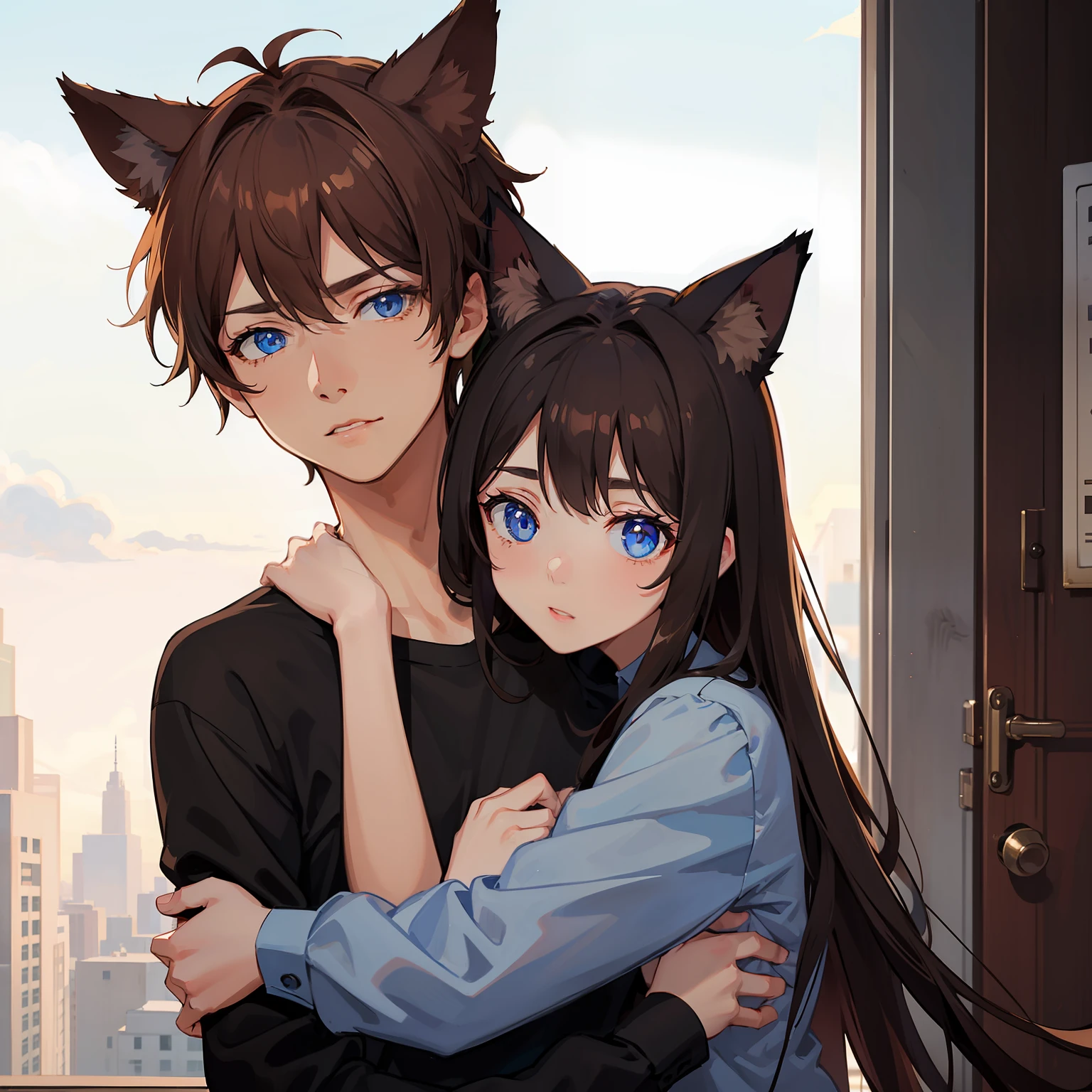 Girl blue eyes,Brown hair,Milo,Dog ears,hugs a guy,who has brown eyes and hair,Cat's ears,strokes the girl's head