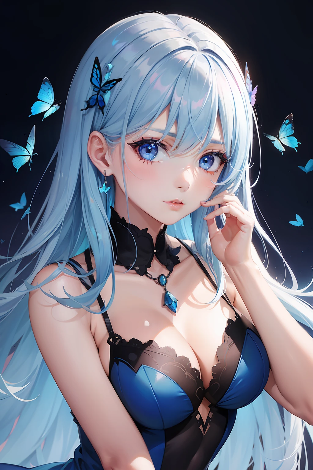 a women, blue butterfly, blue hair, pink eyes, blue dress