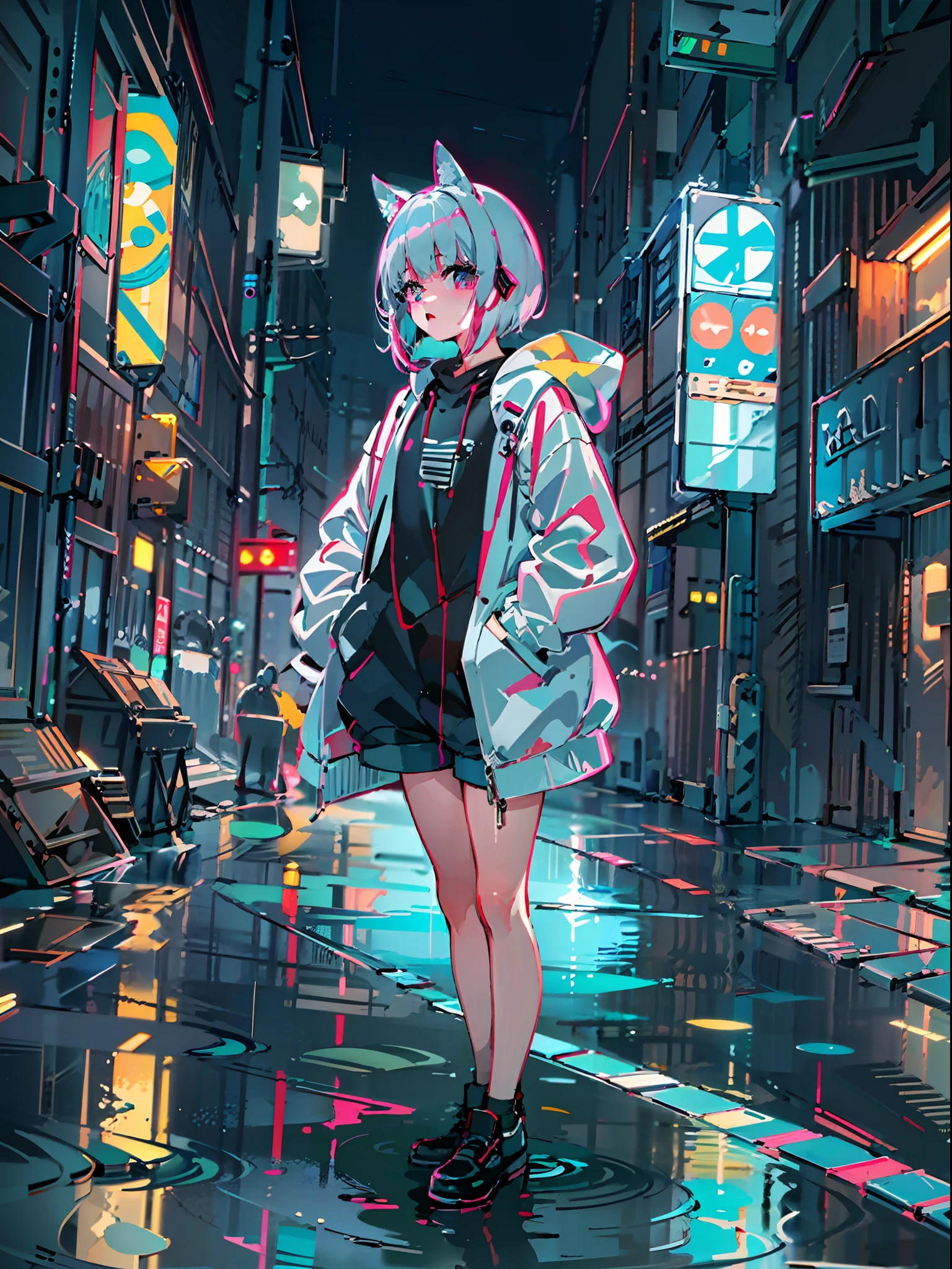 8K分辨率、((top-quality))、((masterpiece))、((ultra-detailliert))、1 woman、独奏、incredibly absurdness、Oversized hoodies、headphones、Street、plein air、Rain at night、neons、Shortcut Hair、Brightly colored eyes、Hands in pockets、shortpants、water dripping