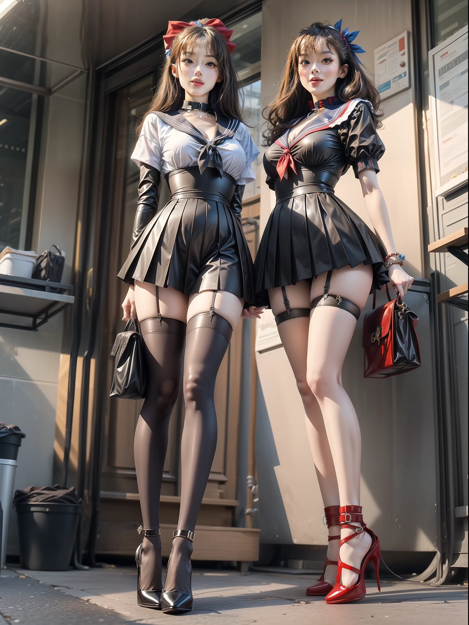 (Full body shooting ：2), （Full Focus：1.3）,Must show your face, anatomy correct, The characters wear sailor suits and pleated skirts，Red and blue color scheme，Strangle effect，High-heeled leather shoes, anklet，leg loops，collars，Heavy makeup, A shallow laugh, Latex stockings must be worn, hyper HD, Ray traching, structurally correct, Award-Awarded, high detal, lightand shade contrast, cinmatic lighting, tmasterpiece, super detailing, high high quality, high detal, best qualityer, 16k