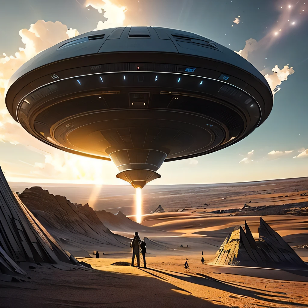 a futuristic space ship lifting off from the earth as a small group of people watch, 4k textures, hdr, intricate, highly detailed, sharp focus, cinematic look, hyperdetailed startling stories, cover art, illustration