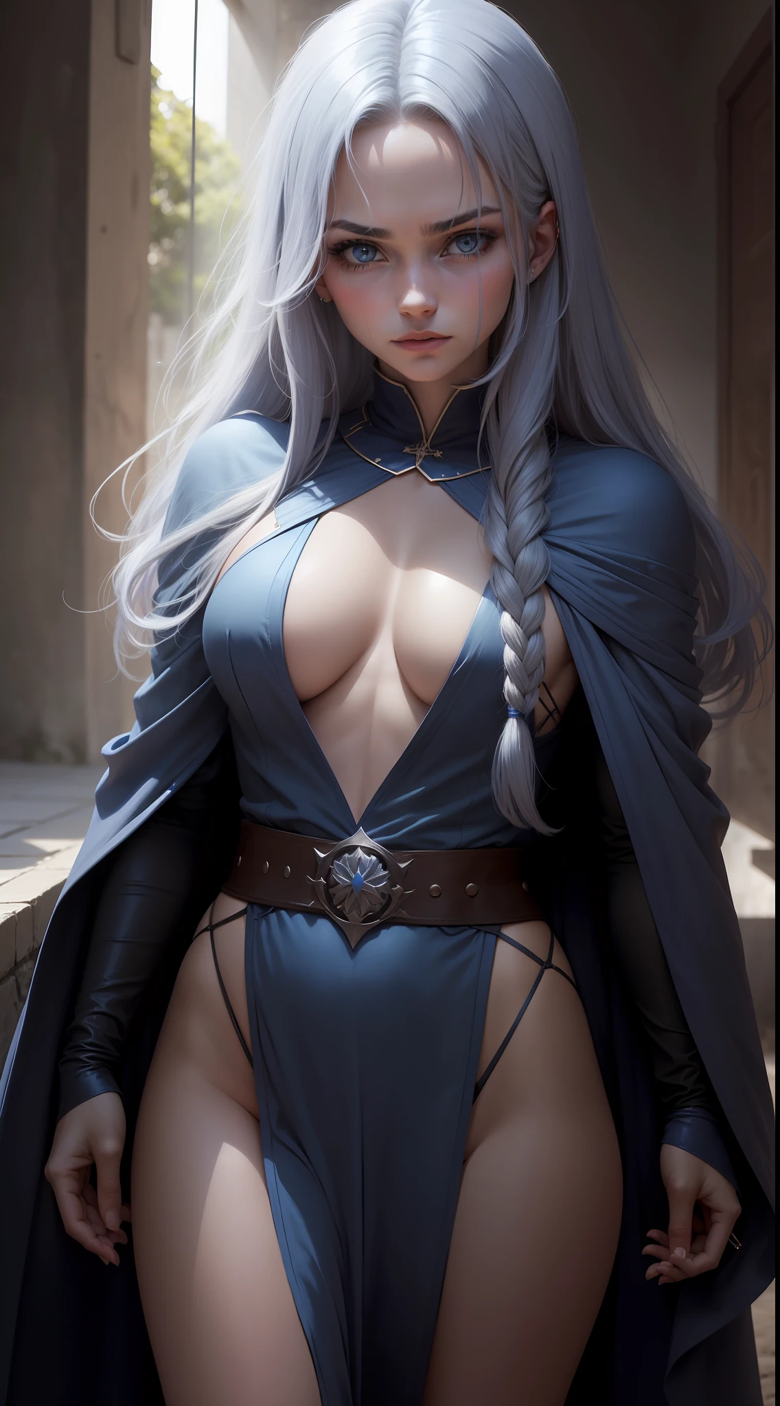 1 girl, Maga loira, cabelo longo, (((cabelo loiro))), blue robe, capa azul, Closed tunic, sun illumination, 30 anos, gloomy setting, feiticeira, mago, Sparks, magia, Evil look