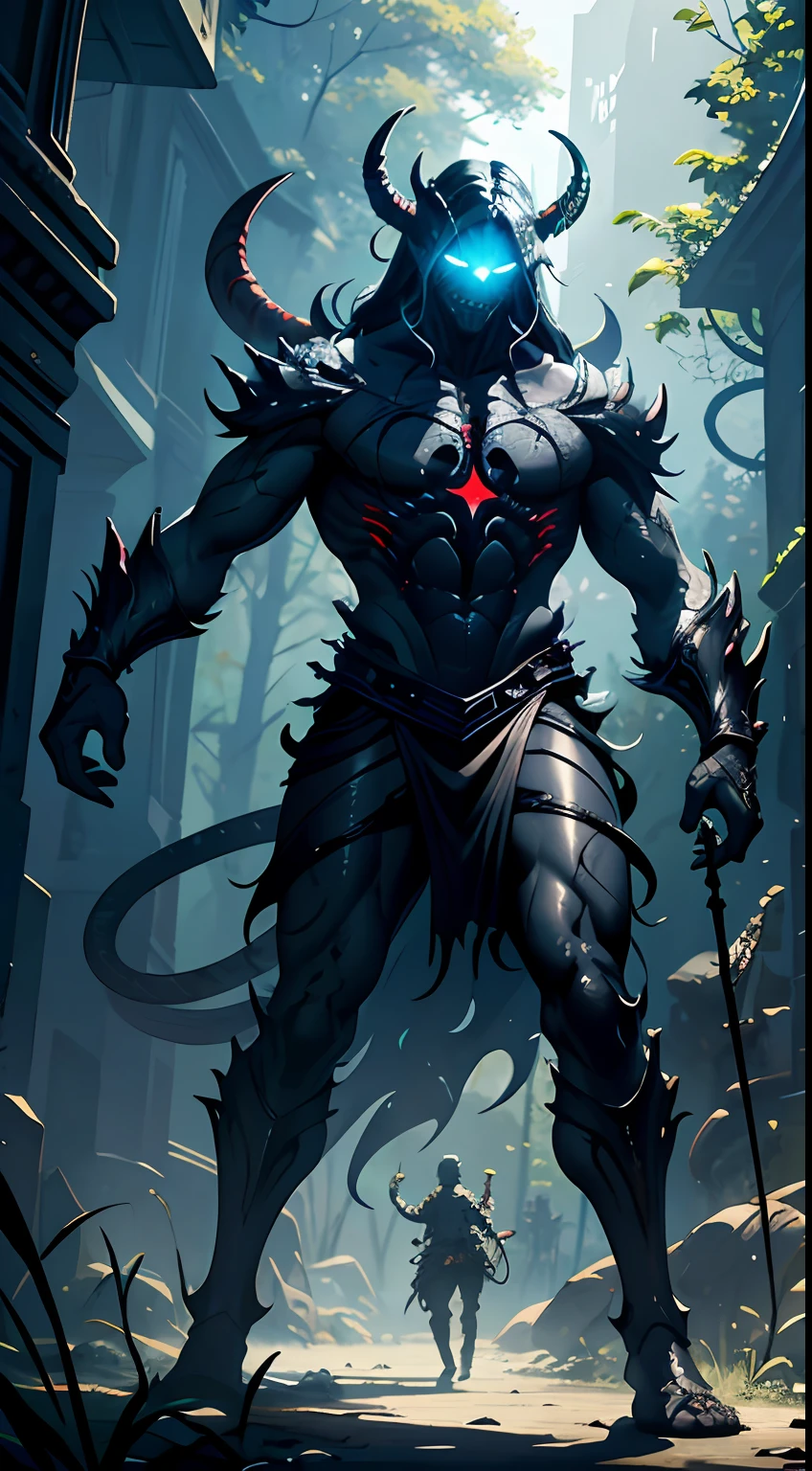 A huge demon from hell，standing on your feet，（It has snake-like scales on its body），（Detailed face description），handheldweapons，The vista is a bloody battlefield of carnage，The vista is of various imps dancing with their teeth and paws，（Dark black tones），（8k wallpaper），（CG style），（Watercolor style painting），（Noticeable light and shadow effects），（Ray traching），(There is light particle tracing)，（Fantasy mythological style)，style of surrealism，（Unreal Engine5），（Extremely expressive drawing technique），（Masterpiece），（Made by a master），（Photography Award），Ray