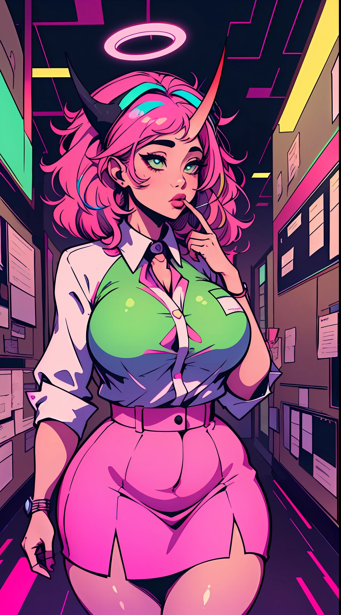 ((Masterpiece, Best)), (1girl), ((Trendy Girl)), Light Pink Hair, Halo, Horn, ((Office Lady)), Bangs, Mid-breasted, (Plump), Slim, Colorful Hair Color, Trendy Clothing, Street Culture