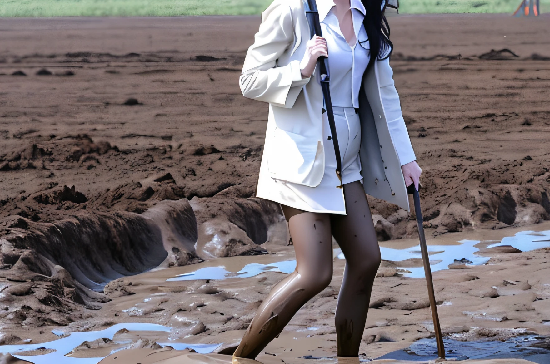 Woman in the mud, wet mud, Covered in mud, mud ground, Wearing a white suit,lacepantyhose, uhd candid photo of dirty, flying mud,, Dirty, Wearing sweat，Dirty, tar pit,, having fun