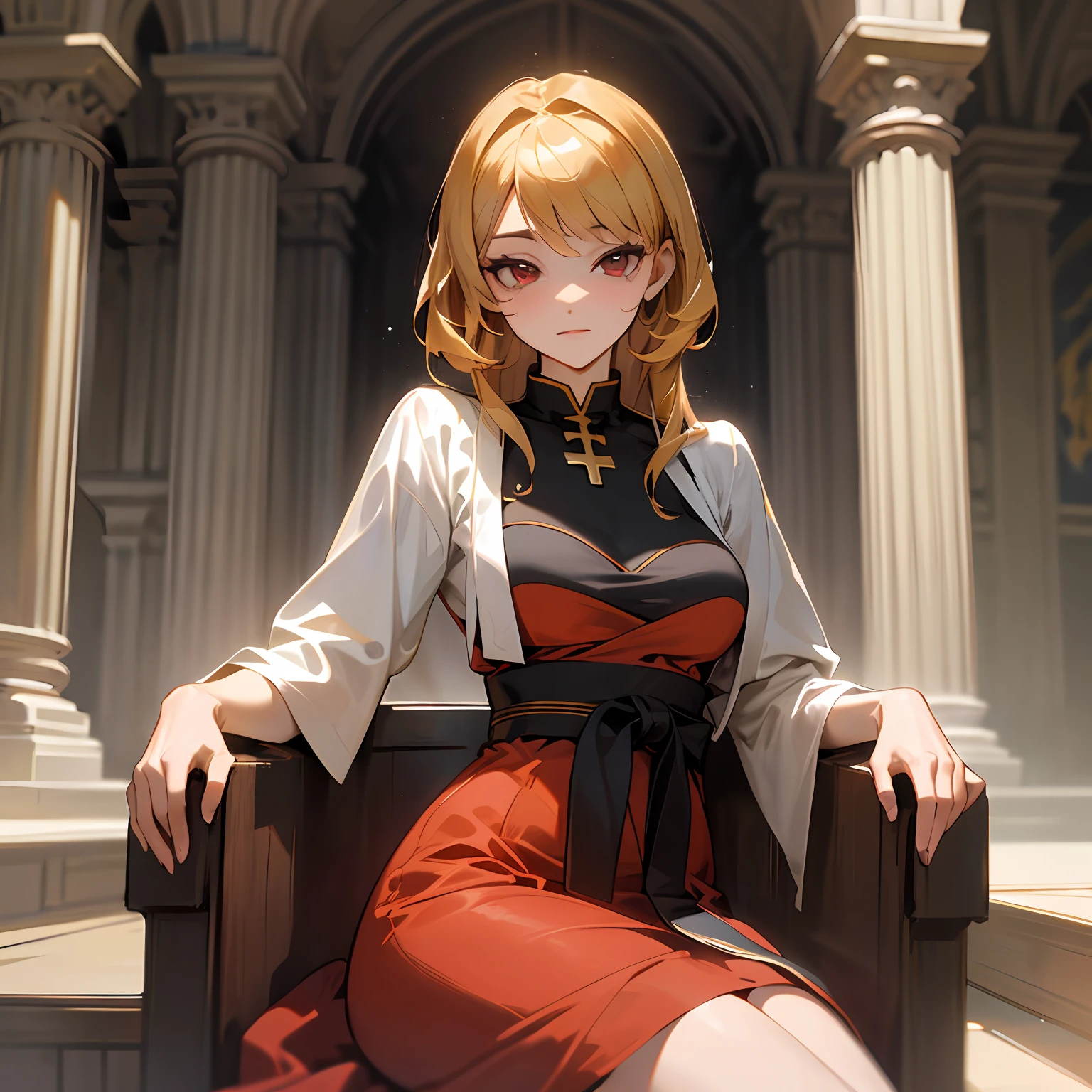 Obra de arte realista, mujer 1, cabello rubio dorado, ojos rojos, nariz perfilada, piel blanca, cabello liso y ondulado, fun expression, sensual figura, vestido rojo, black belt on his waist, Ruby slippers, sitting cross-legged on a balcony, Looking to an infernal kingdom,