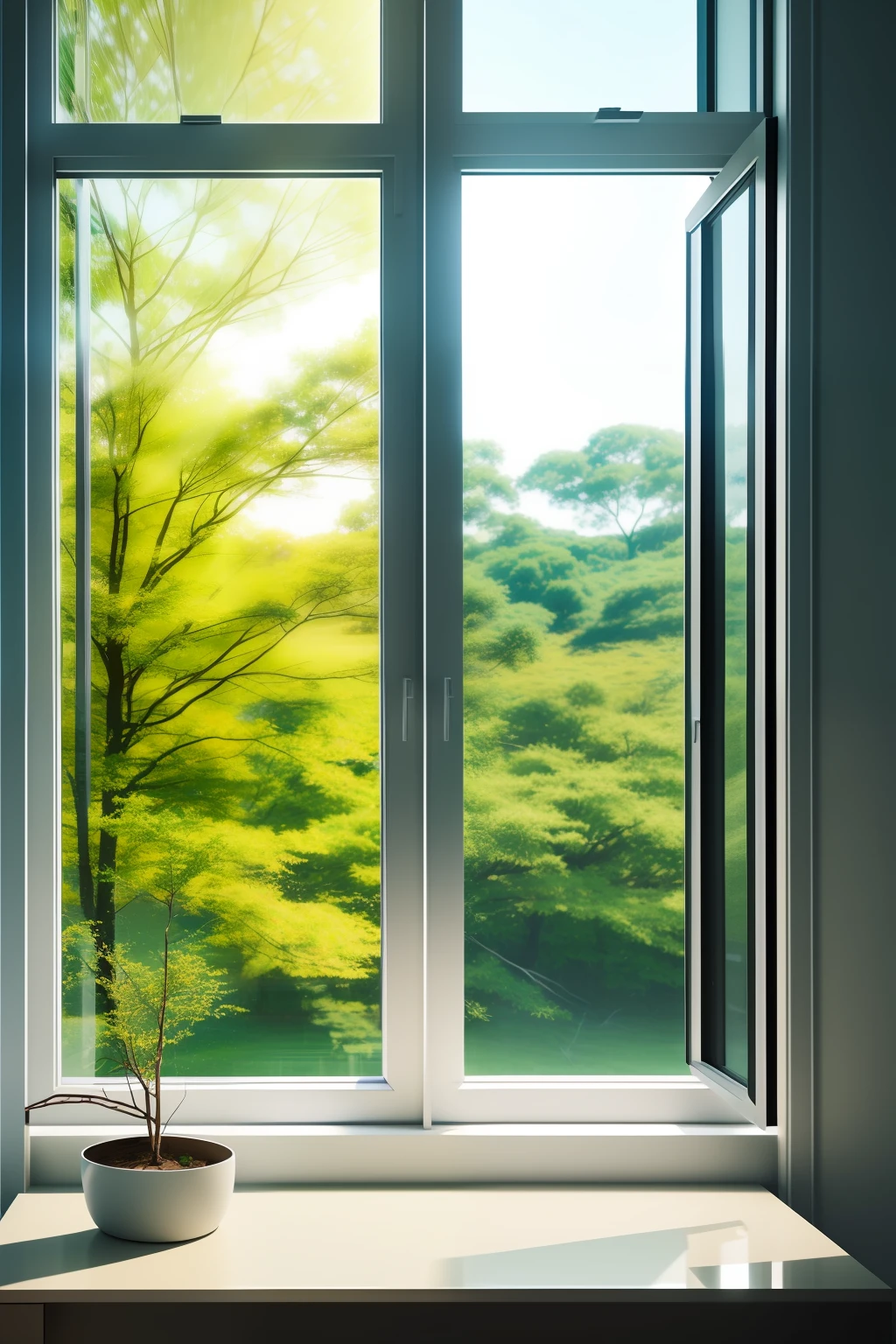 White window,desks,窗帘,Outside the window there are green trees and grass,the Sun Shining,Cinematic rendering,hdr,真实感