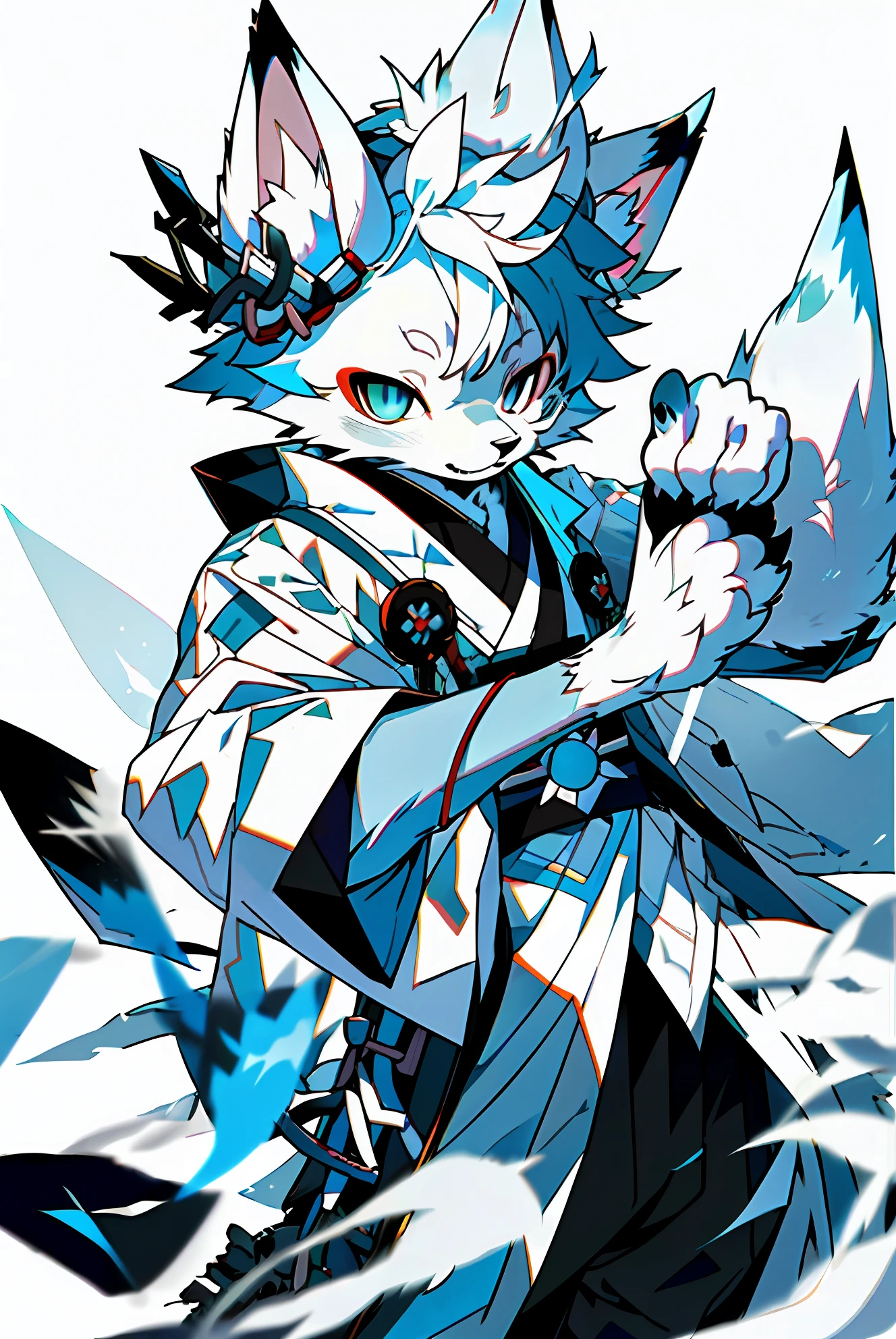 natural lightting,detailedbackground,独奏,Furry,Male arctic fox,White fur,White skin,White ears,sharp look,blue colored eyes,Blue pupil,komono,Japanese style costume,sharp talons,Fluffy tail,White paws,adolable