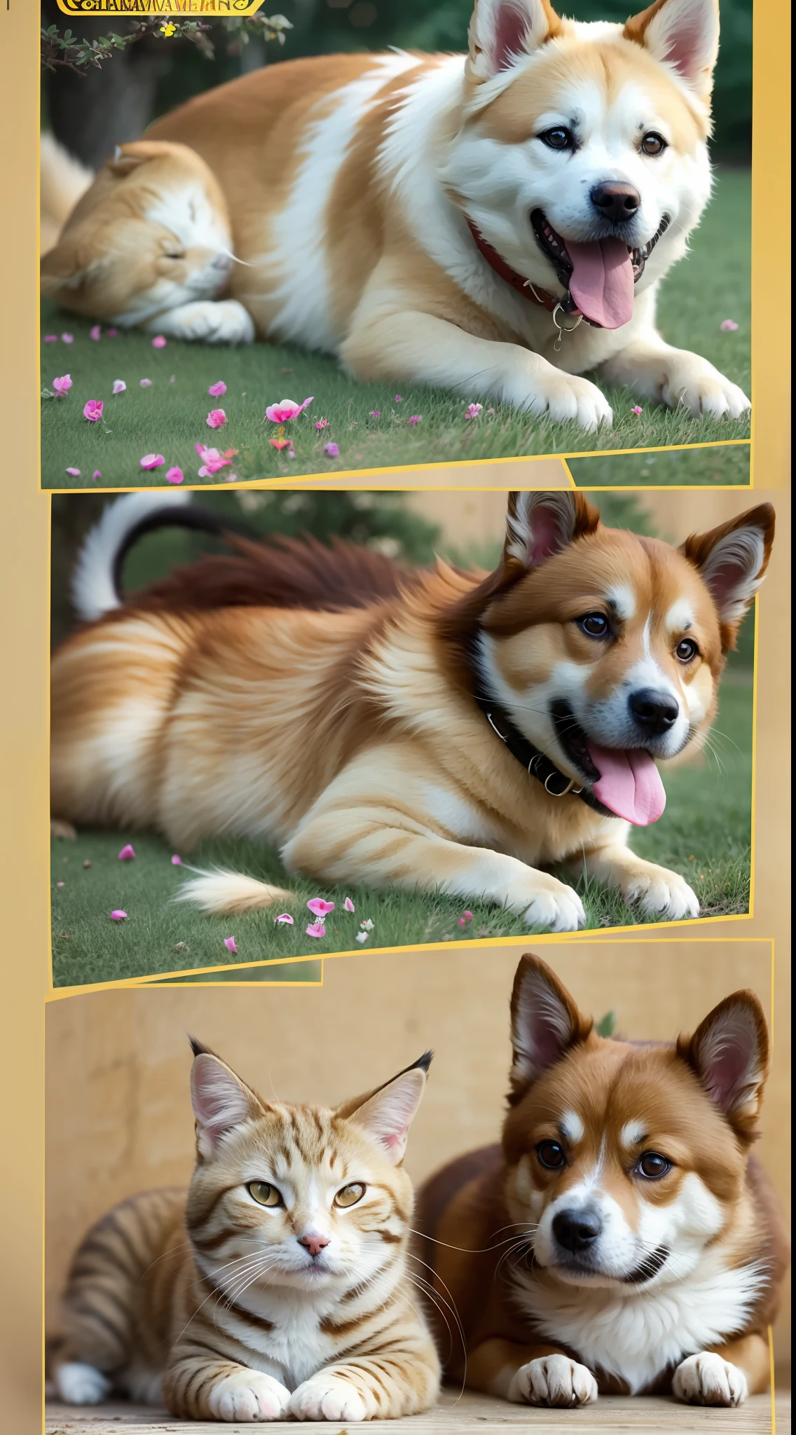 Akita dog and yellow cat , ligeiramente magro, sentado no gramado, a large tree in the distance, feliz, sorridente, obra-prima, 8k, alta resolução, textura mais alta, melhor rosto, detalhes ricos, --v6