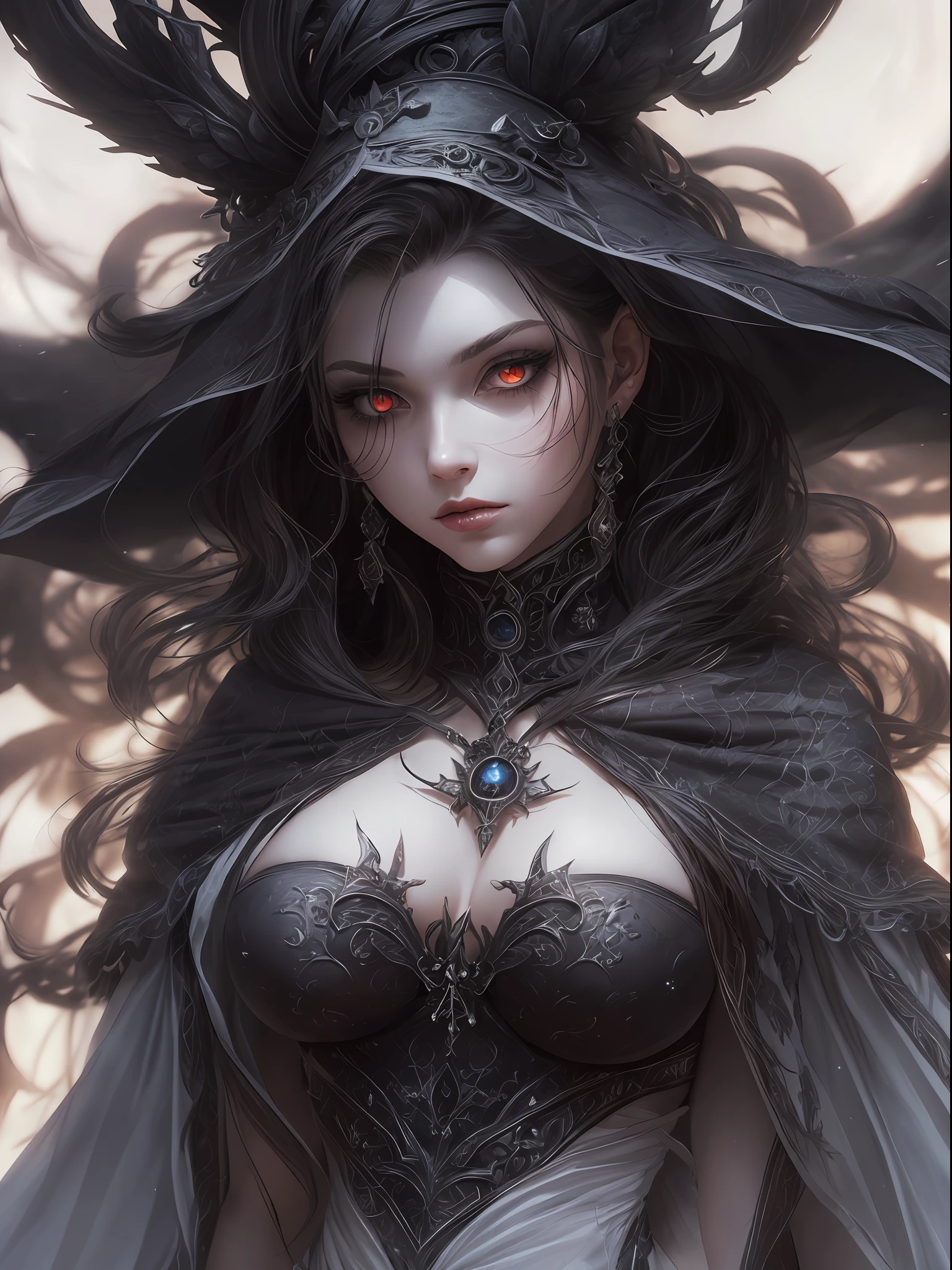 high details, best quality, 8k, [ultra detailed], masterpiece, best quality, (extremely detailed), dynamic angle, ultra wide shot, photorealistic, fantasy art, dnd art, dark fantasy art, realistic art, gothic art, an ultra wide, full body (intense details, Masterpiece, best quality: 1.5), picture of a female human (1.5 intricate details, Masterpiece, best quality) priestess of death ((pale white magical aura)), controlling a swirling magic (1.5 intense details, Masterpiece, best quality), manipulating [[magical sigils]] (1.5 intricate details, Masterpiece, best quality), human female, black  hair, pale skin,  long black hair with pale white aura, black hair with pale touch, white eyes, pale eyes, intense eyes,  ((glowing eyes)), black dress (intense details, Masterpiece, best quality: 1.5), red cloak (intense details, Masterpiece, best quality: 1.5), high heeled boots, (intense details, Masterpiece, best quality: 1.5), fantasy dark temple background, ((death worship atmosphere)), high details, depth of field (intense details, Masterpiece, best quality: 1.5),best quality, highres, ultra wide angle
