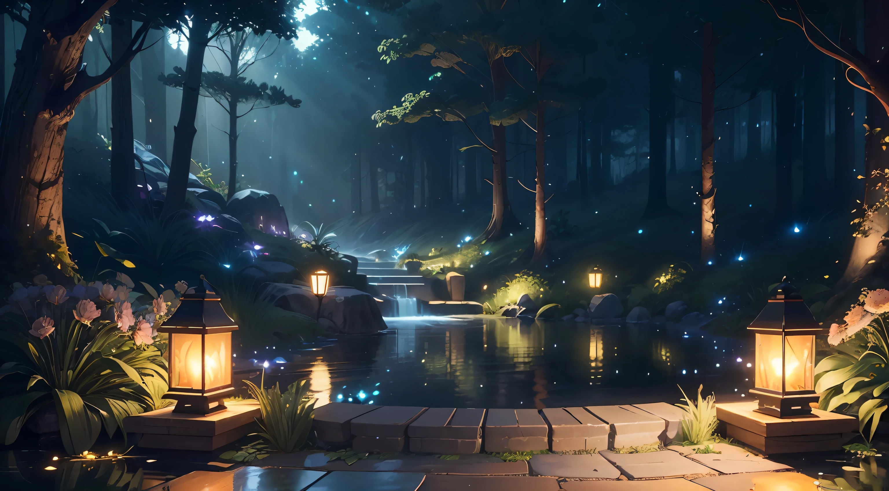 Masterpiece, best quality, (very detailed CG unity 8k wallpaper), (best quality), (best illustration), (best shadows), glow sprite, with a glowing deer, in the swimming pool Drinking water, natural elements in the forest theme. Mysterious forest, beautiful forest, nature, surrounded by flowers, delicate leaves and branches surrounded by fireflies (natural elements), (jungle theme), (leaves), (twigs), (fireflies), (particle effects) etc. 3D , Octane rendering, ray tracing, super detailed