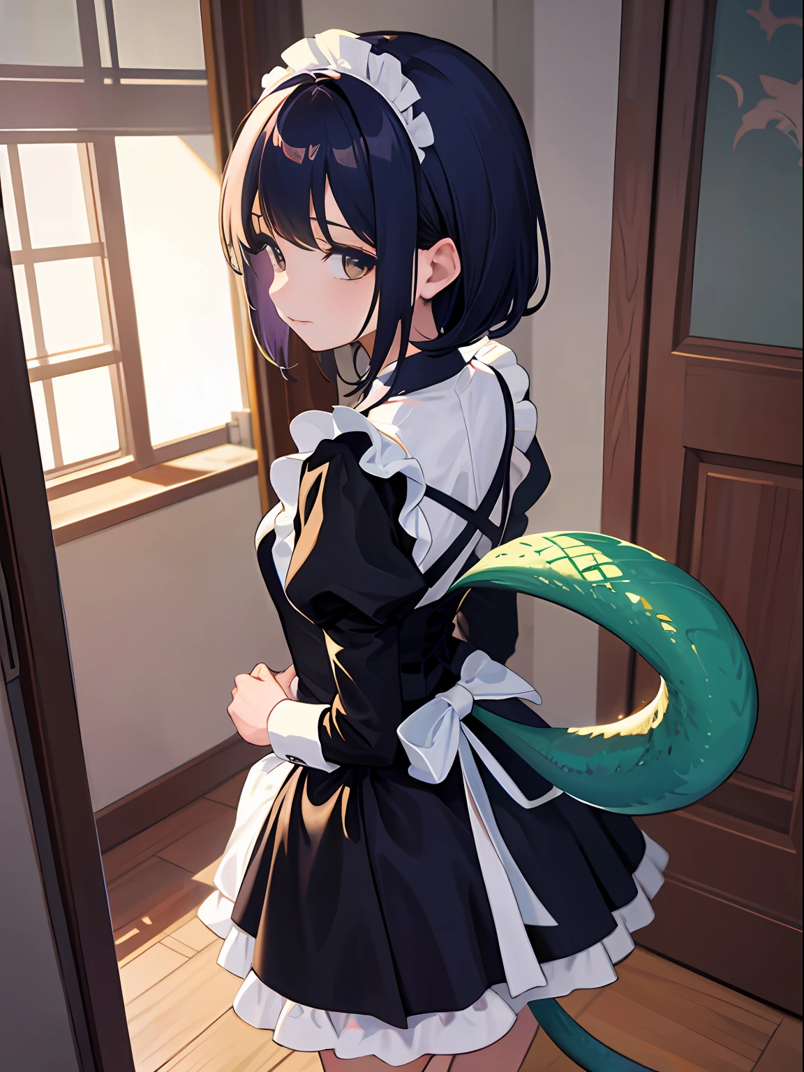 1girll，End，the maid outfit，inside in room，Put your hands behind your back，Dragon's tail