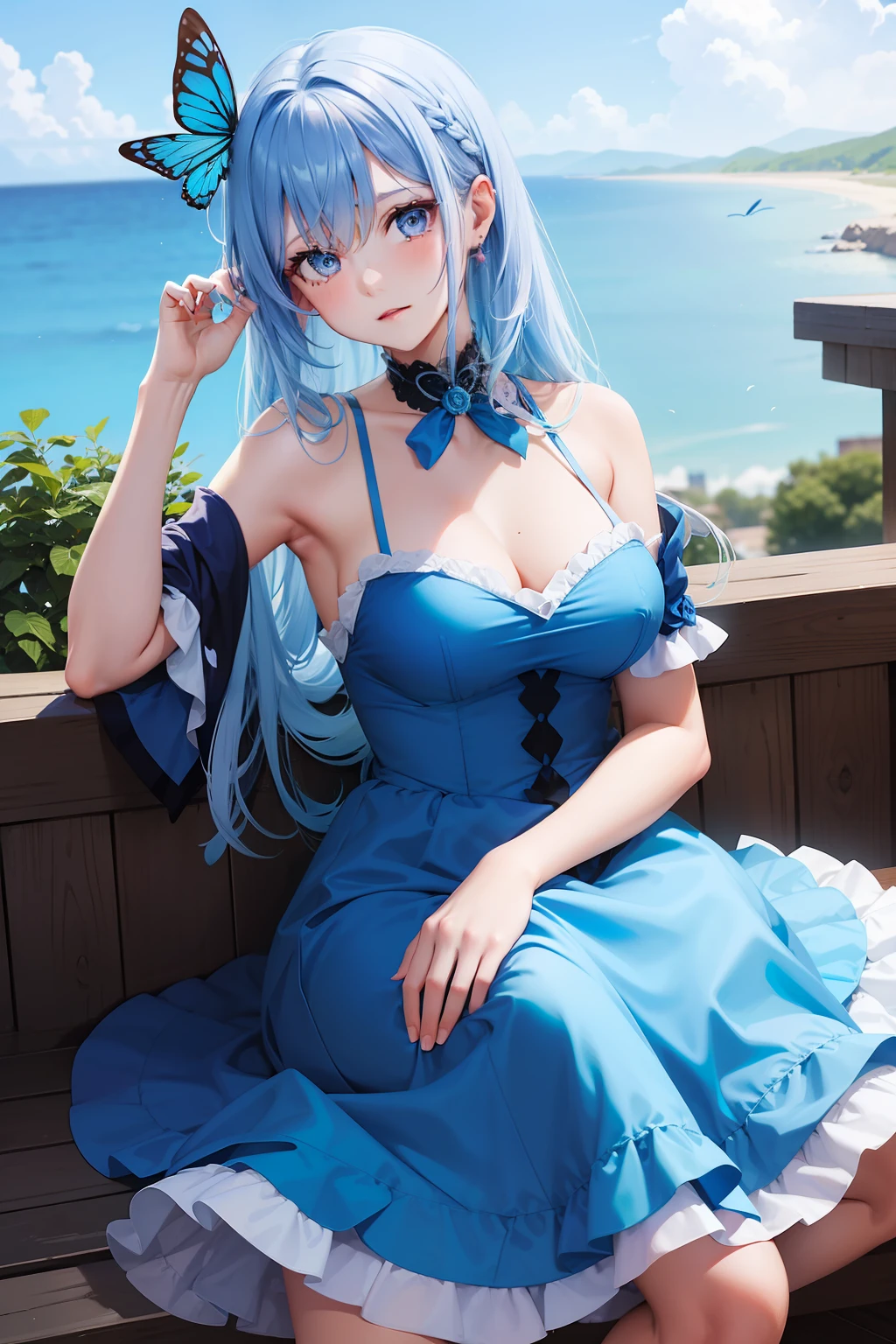 a women, blue butterfly, blue hair, pink eyes, blue dress