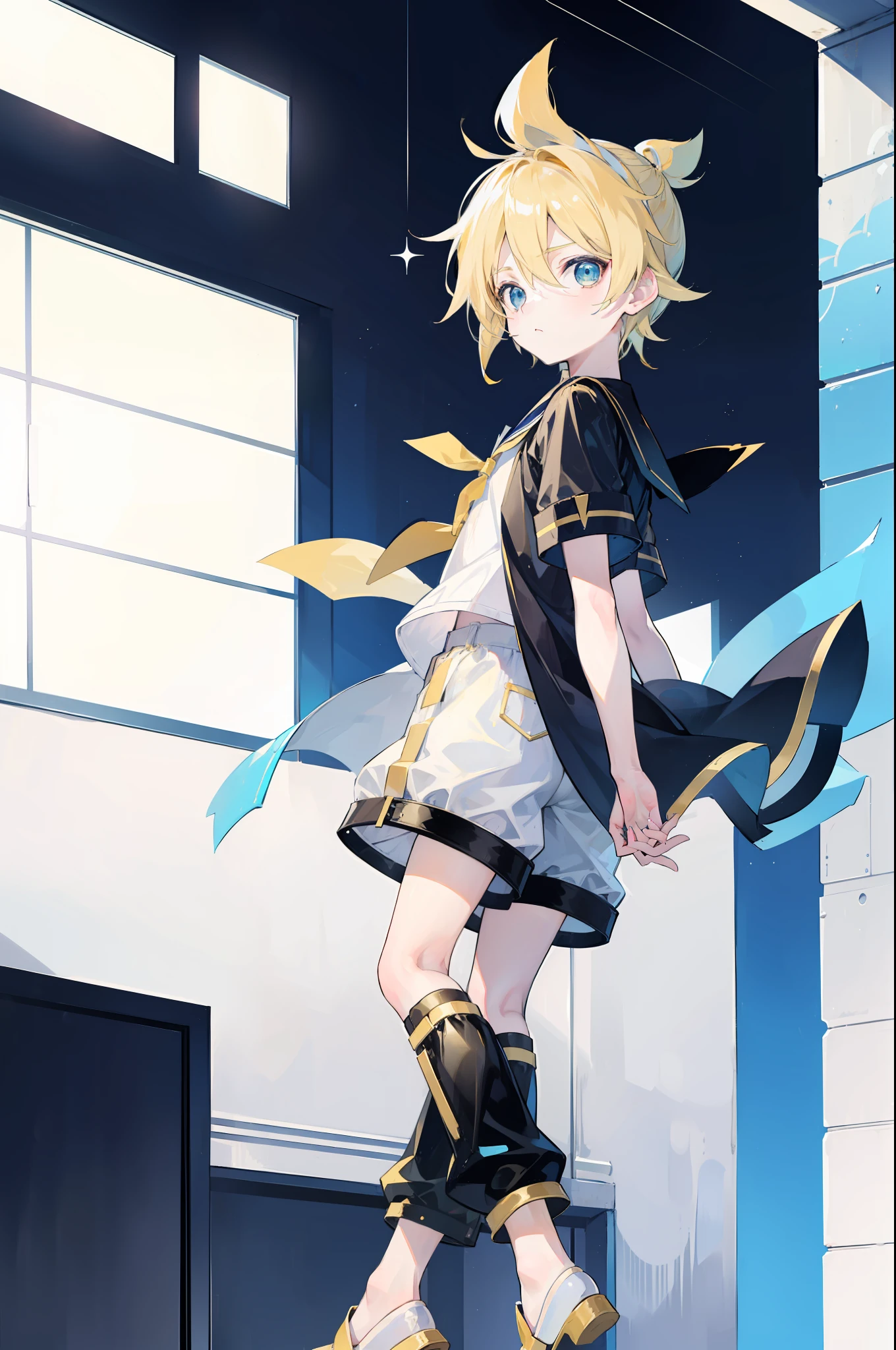 one boy, (Kagamine_Len), blue eyes, blond hair, short hair, shota, childish, cute boy, pure, innocent, sailor uniform, (black short pants), from side, standing, cowboy shot, look at you