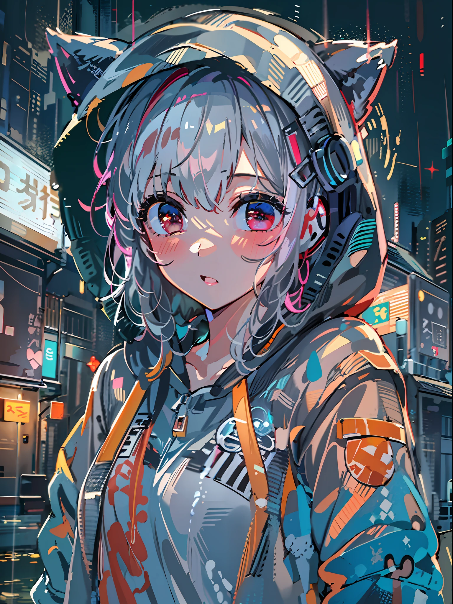 8K分辨率、((top-quality))、((masterpiece))、((ultra-detailliert))、1 woman、独奏、incredibly absurdness、Oversized hoodies、headphones、Street、plein air、Rain at night、neons、Shortcut Hair、Brightly colored eyes、Hands in pockets、shortpants、water dripping