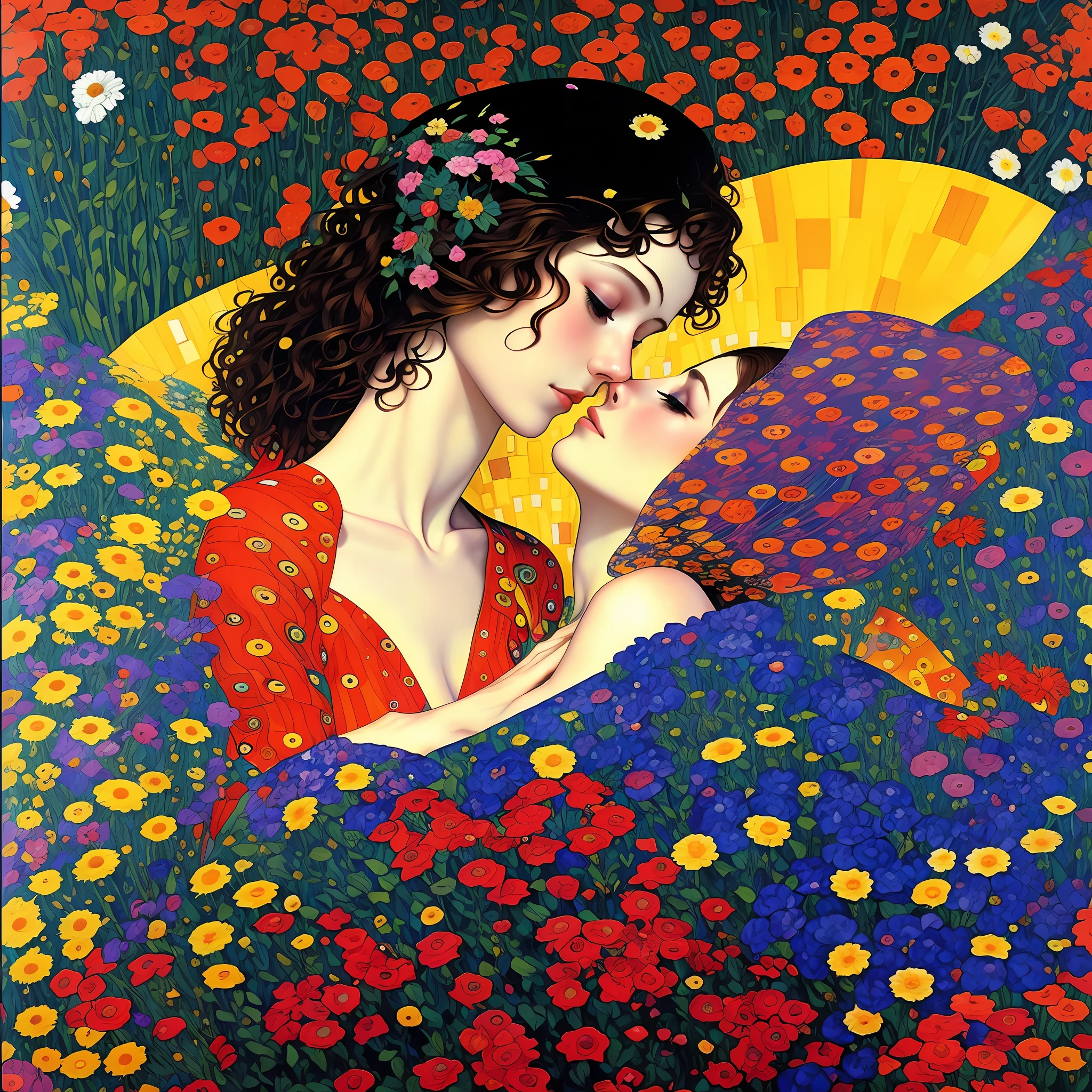 painting of a couple kissing in a field of flowers, gustav klimt style, style of gustav klimt, the kiss, klimt and nixeu, gustav klimt 4k, gustav klimt 4 k, gustav klimt and mel ramos, gustav klimt painting, inspired by Gustav Klimt, mucha klimt, vibrant and bold pop art with high contrast colors, dynamic composition, and exaggerated details