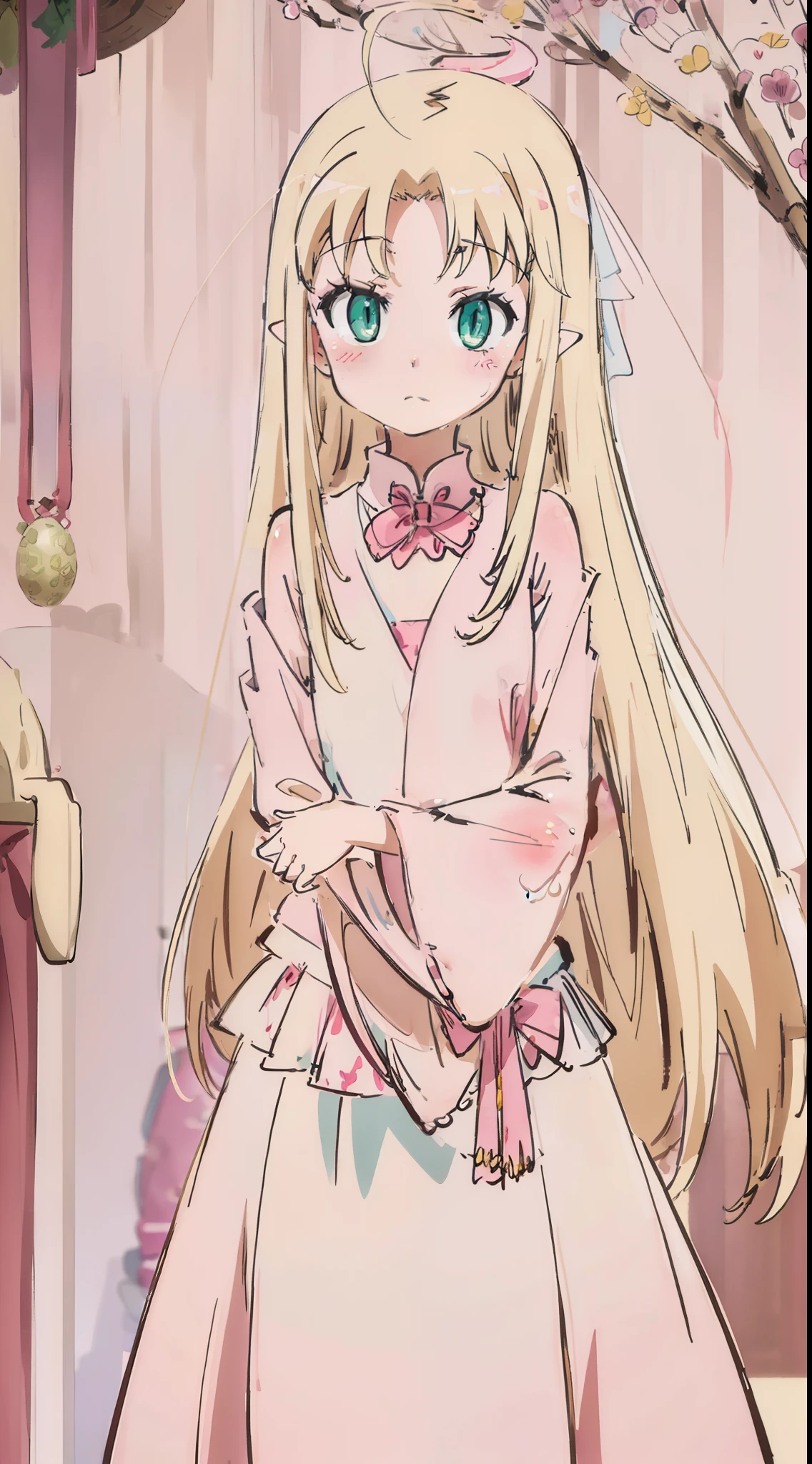 Long pink hair, shyness, girly, halo on the head, fairyland, evening, dressed in wedding dress, squinting eyes, loving eyes, white skirt, golden eyes