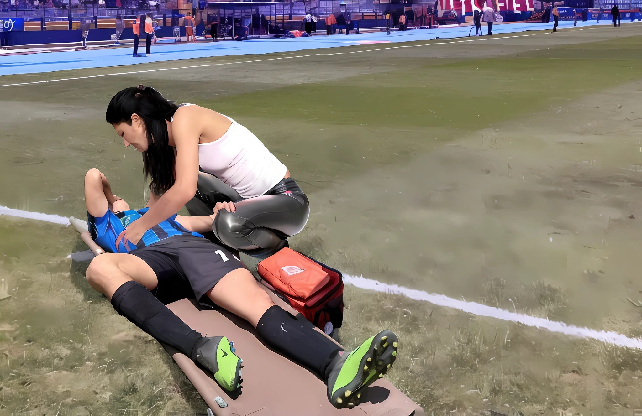 a soccer scene soccer injury, medical treatment for injured genitals, a player is lying feet first on his back on a stretcher and is holding one hand over his eyes, theatralic first-aid-drama, injury scene, a soccer player is lying on a stretcher in a stadium, a longhaired woman in shiny leather pants gives a massage to the injured genitals of a soccer player in matte sportswear who is lying on his back on a stretcher, a hurt soccer player is lying on his back on a stretcher and receives treatment to his injured genitals by a woman in shiny leather trousers, a woman in glossy leather trousers is caring for the injured soccer player who is lying behind the orange stretcher, a longhaired woman in shiny leather pants is kneeling beside an injured soccer player and massages his genitals,