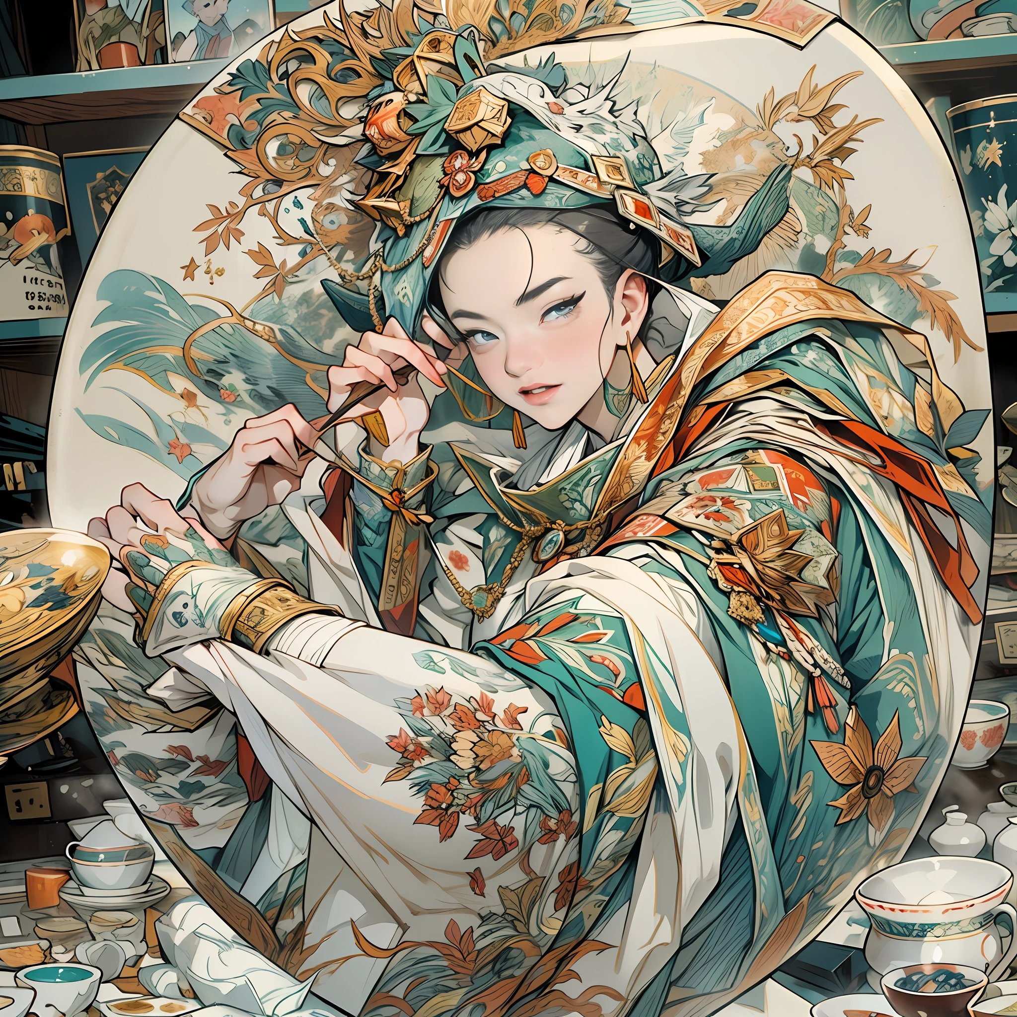 A porcelain made anime character is being painted on porcelain, in the style of the aesthetic movement, colorful animation stills, chuah thean teng, ottoman art, detailed shading, meticulous military scenes, tanya shatseva,in the style of the stars art group xing xing, 32k, best quality, masterpiece, super detail, high details
