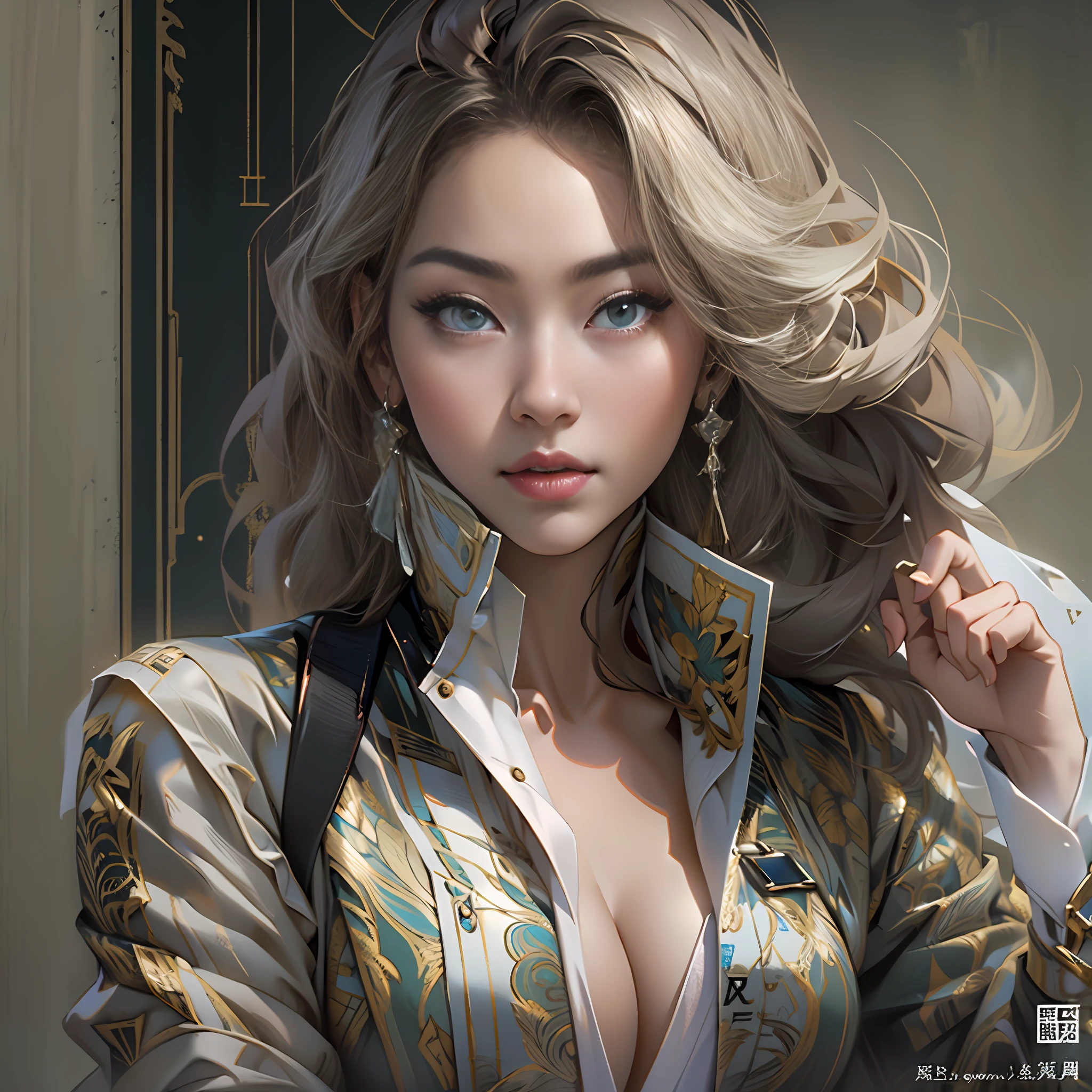 A young and beautiful female agent，Face the lens，Hand your business card forward,in the style of the stars art group xing xing, 32k, best quality, masterpiece, super detail, high details