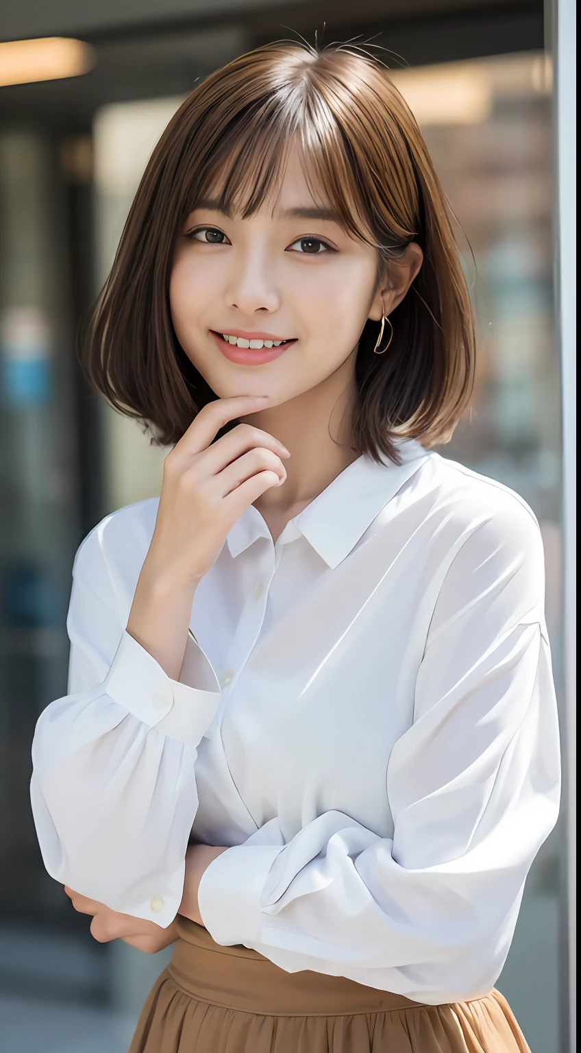 (8k、RAW Photography、top-quality、masuter piece:1.2)、ultra-detailliert、ultra res、(realisitic、rialistic photo:1.37)、portlate、high-definition RAW color photography、Professional Photography、highly detailed and beautiful、ighly detailed、8K wallpapers、amazing detailed、huge filesize、Official Art、Highly detailed CG Unity 8k wallpapers、highly detailed beautiful girl、extra detailed face、extremely detailed eye、highlydetailed skin、extremely detailed fingers、highly detailed nose、very detailed detailed mouth、Perfect Anatomy、highly detailed back ground、Highly detailed clothing、女の子 1 人、(18:1.2)、、Cutel s、famous Japan idol、cute little、Realistic body、小柄、de pele branca、glistning skin、Slim body、handsome body、brown haired、short curly hair、(Blunt bangs:1.2)、a smile、kawaii、zora々Right、kawaii faces、lifelike face、Delicat eyes、Sauce order、White shirt、skirt by the、耳Nipple Ring、Looking at the camera、cowboy  shot、front facing、Standing、Contrapo, high street, 动态照明,