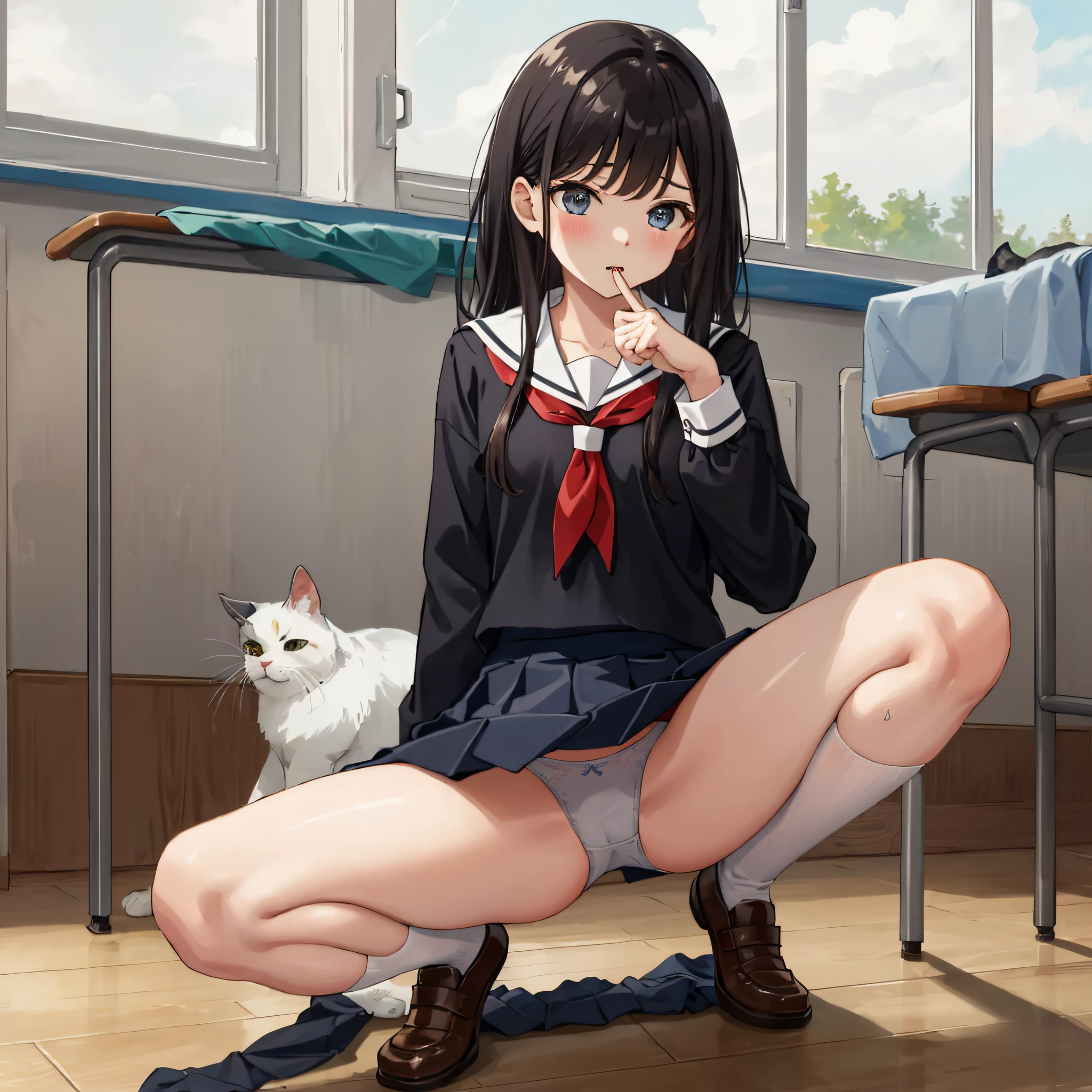 High Detail、hightquality、masterpiece、(small tits))、Impatient Pet Pose、school classrooms、Spread your legs apart、Disturbed uniform、The skirt is flipped up、Shift panties to the side