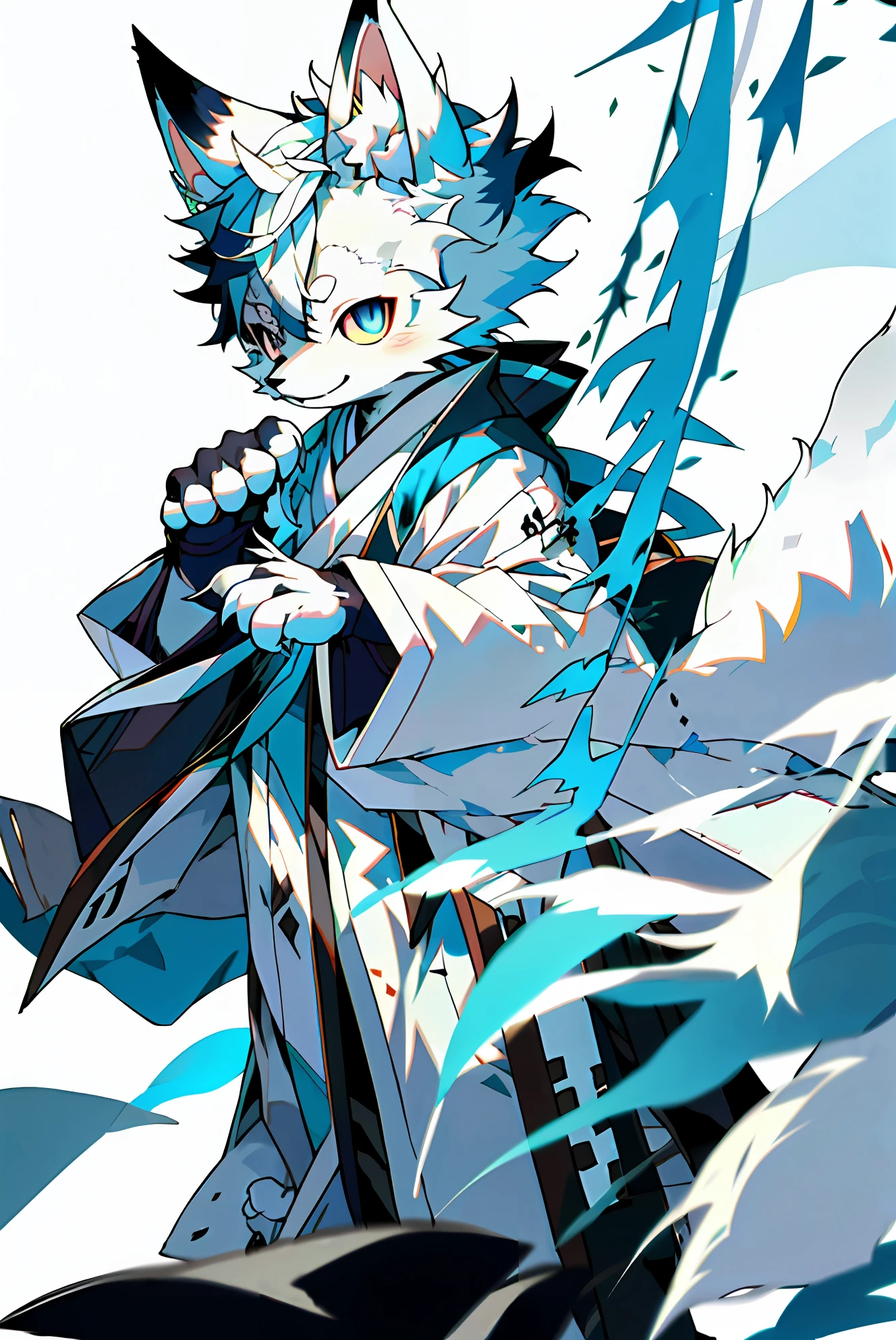 natural lightting,detailedbackground,独奏,Furry,Male arctic fox,White fur,White skin,White ears,sharp look,blue colored eyes,Blue pupil,komono,Japanese style costume,sharp talons,Fluffy tail,White paws,adolable