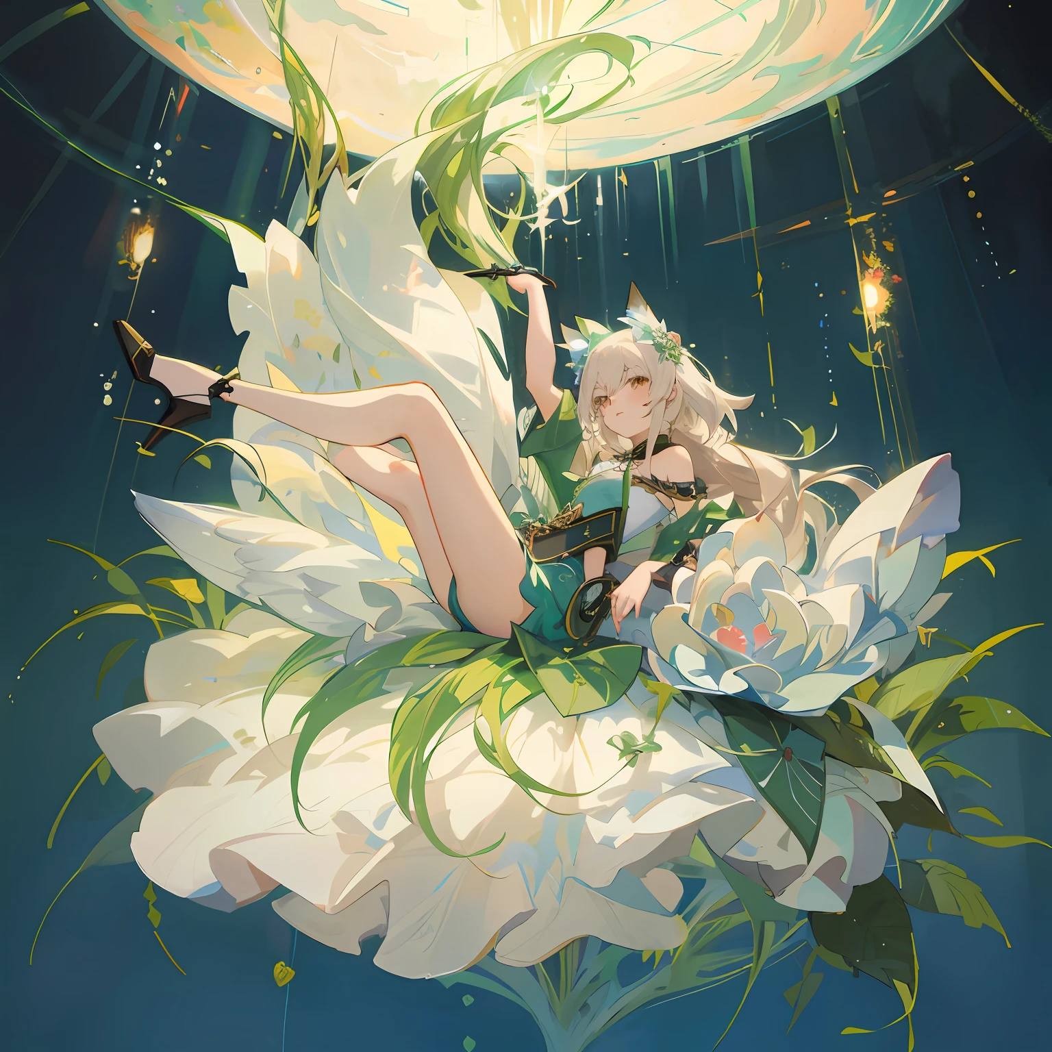 Anime girl sitting on a flower,The background is the full moon。, trending on artstation pixiv, Digital art on Pisif , Guweiz in Pixiv ArtStation, elegant floating pose, high detailed official artwork, Guweiz on ArtStation Pixiv, Anime fantasy illustration, beautiful fantasy anime, Pisif, Beautiful anime artwork, Anime fantasy artwork(tmasterpiece,top Quority,best qualtiy)