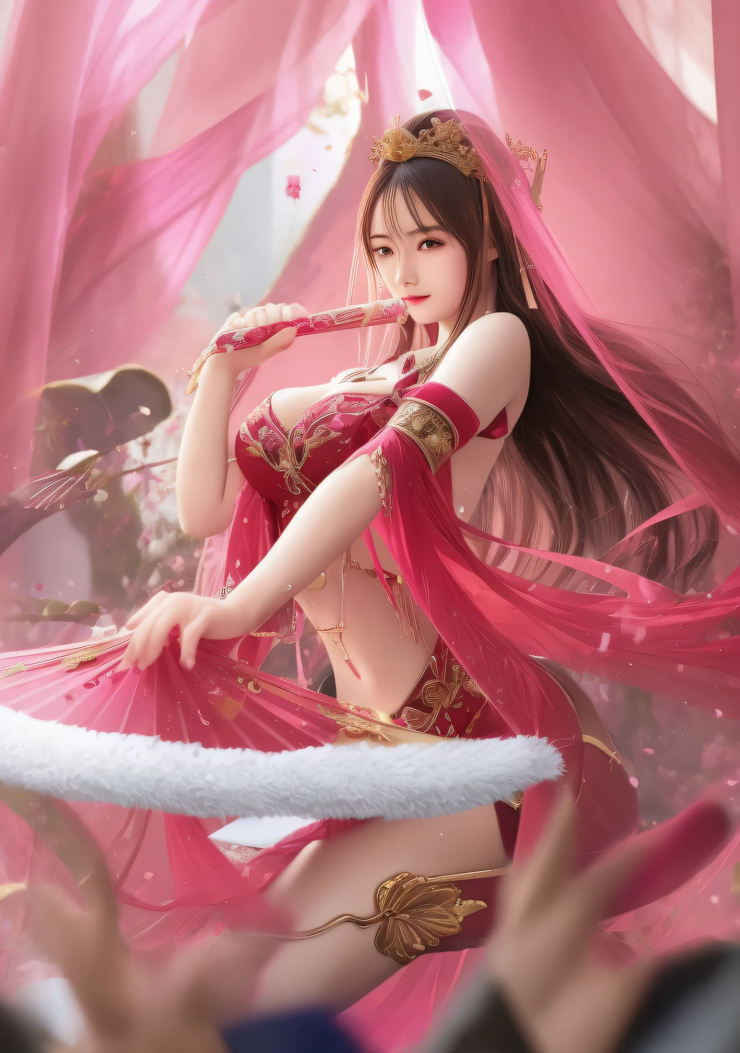 anime girl in a pink dress with a chinese folding fan in her hand, a beautiful fantasy empress, beautiful alluring anime woman, anime goddess, seductive anime girl, extremely detailed artgerm, by Yang J, ((a beautiful fantasy empress)), anime fantasy illustration, anime fantasy artwork, a beautiful artwork illustration, beautiful fantasy anime, beautiful fantasy maiden, artgerm. anime illustration