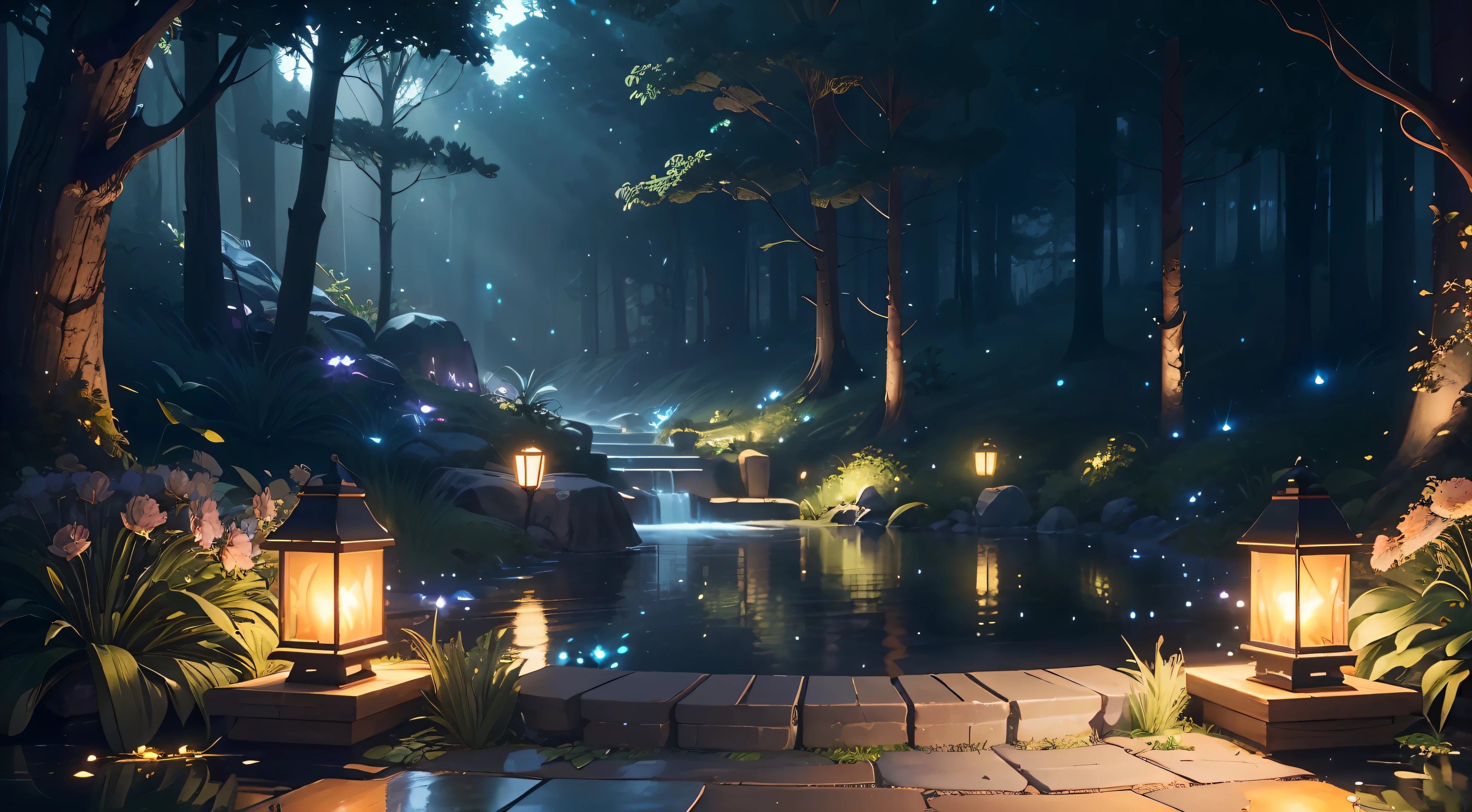 Masterpiece, best quality, (very detailed CG unity 8k wallpaper), (best quality), (best illustration), (best shadows), glow sprite, with a glowing deer, in the swimming pool Drinking water, natural elements in the forest theme. Mysterious forest, beautiful forest, nature, surrounded by flowers, delicate leaves and branches surrounded by fireflies (natural elements), (jungle theme), (leaves), (twigs), (fireflies), (particle effects) etc. 3D , Octane rendering, ray tracing, super detailed
