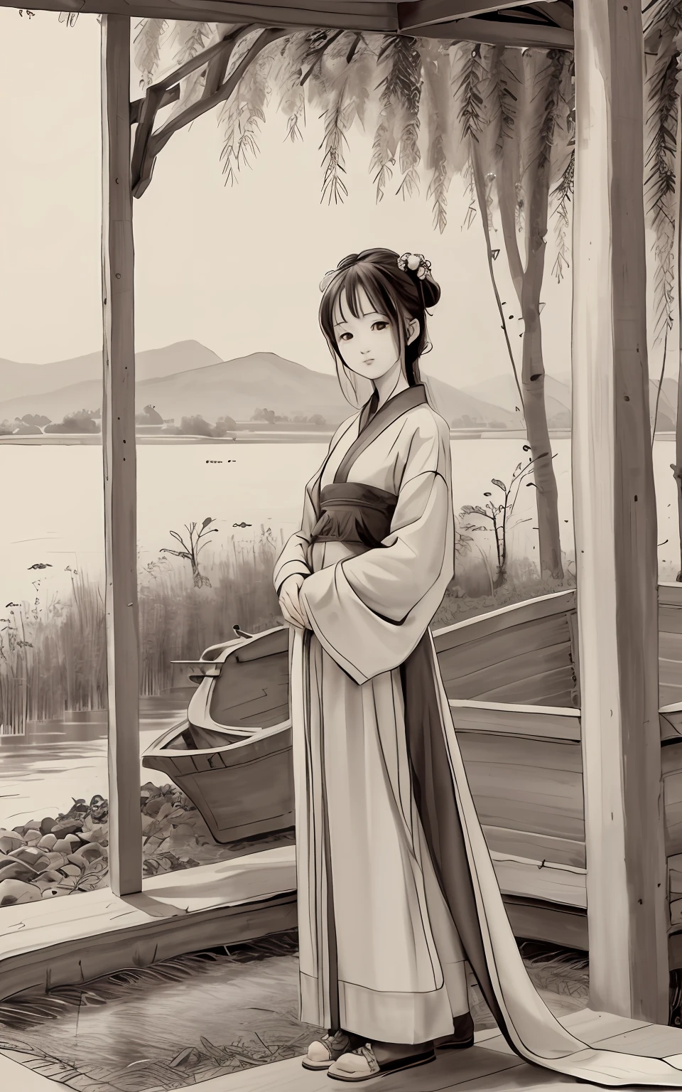shukezouma, Negative space, , shuimobysim , Portrait of a woman standing , Willow branches, (Masterpiece, Best quality:1.2), Traditional Chinese Ink Painting, (Traditional Chinese painting), monochrome, ModelShoot style, Peaceful, (Smile), view the viewer, wearing long hanfu, Hanfu, Song, Willow tree in background, wuchangshuo, Distant mountains, Small lake, gazebo, Lonely boats,