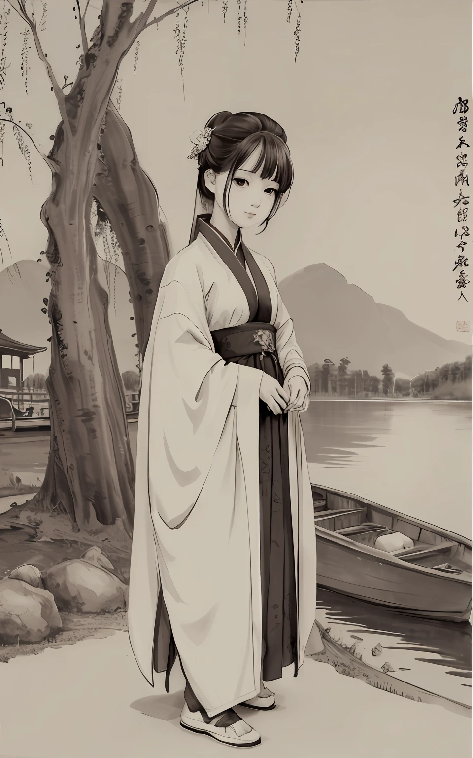 shukezouma, Negative space, , shuimobysim , Portrait of a woman standing , Willow branches, (Masterpiece, Best quality:1.2), Traditional Chinese Ink Painting, (Traditional Chinese painting), monochrome, ModelShoot style, Peaceful, (Smile), view the viewer, wearing long hanfu, Hanfu, Song, Willow tree in background, wuchangshuo, Distant mountains, Small lake, gazebo, Lonely boats,