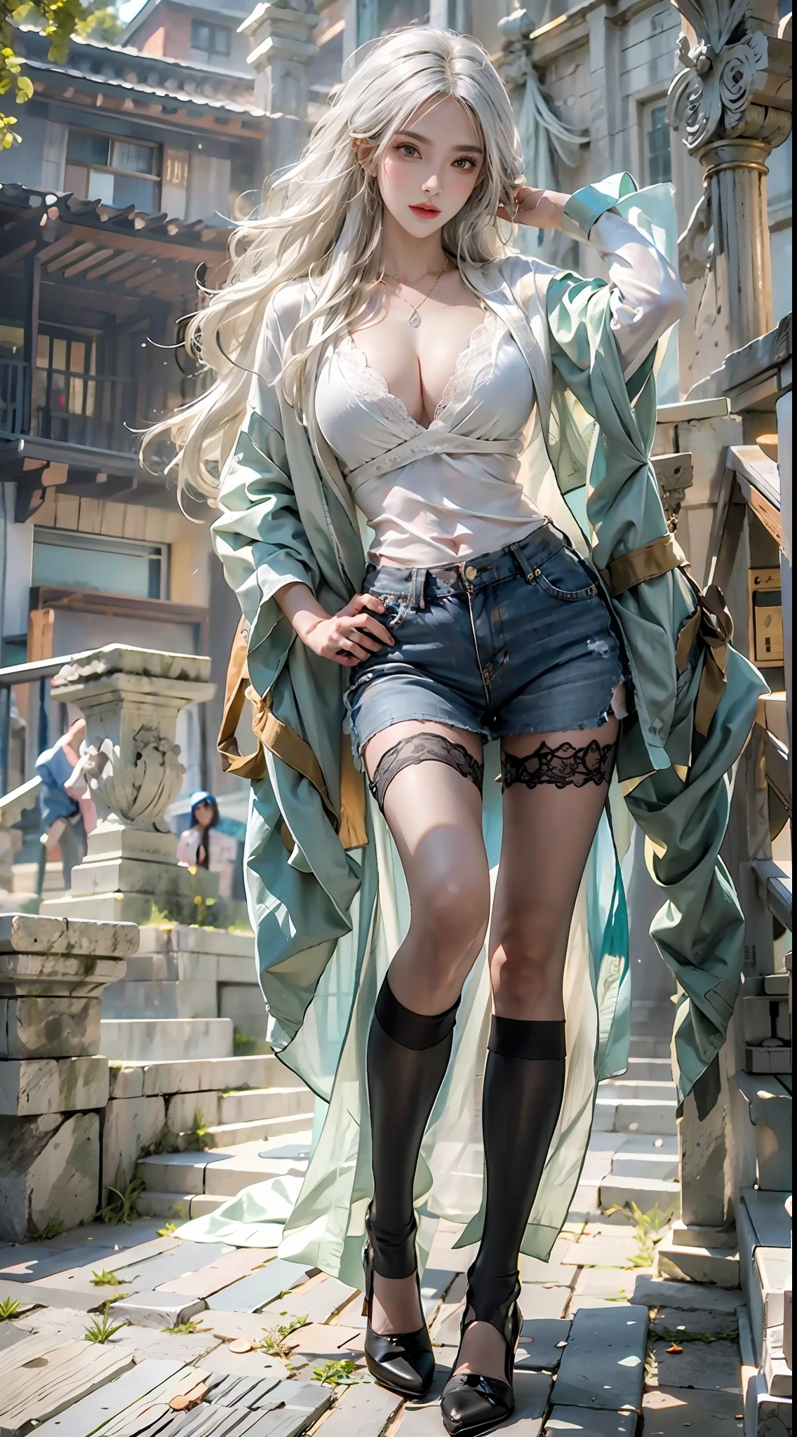 Photorealistic, high resolution, 4K,hyper HD,Top image quality,Beautiful woman, Face texture detail 1.2,Solo, view the viewer, (Detailed face), White hair, Long hair, colorful robes,black lace cleavage underwear, Large breasts,cleavage,Emerald necklace,Long blonde hair scattered,ssmile,Full body photo 1.3,Thin leg,black over-the-knee socks,legs focus
