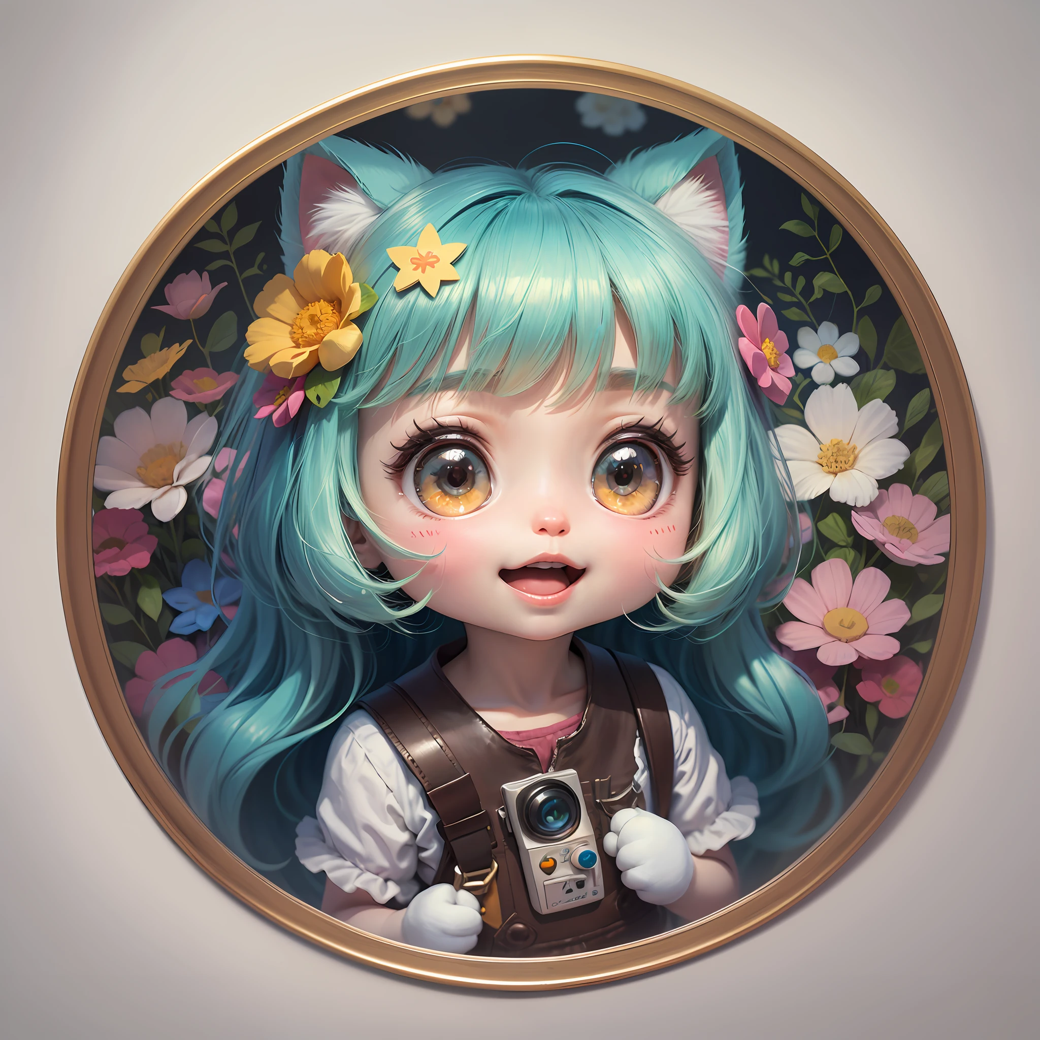 hello kitty, the cute pixar illustration style,A floral frame, white background, the cute pixar illustration style, emphasize with joy and happiness character, with vibrant colors and extreme details, high-quality HD --auto --s2