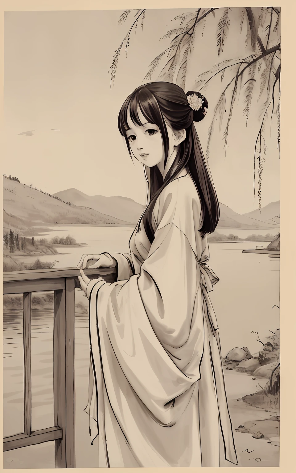 shukezouma, Negative space, , shuimobysim , Portrait of a woman standing , Willow branches, (Masterpiece, Best quality:1.2), Traditional Chinese Ink Painting, (Traditional Chinese painting), monochrome, ModelShoot style, Peaceful, (Smile), view the viewer, wearing long hanfu, Hanfu, Song, Willow tree in background, wuchangshuo, Distant mountains, Small lake, gazebo, Lonely boats,