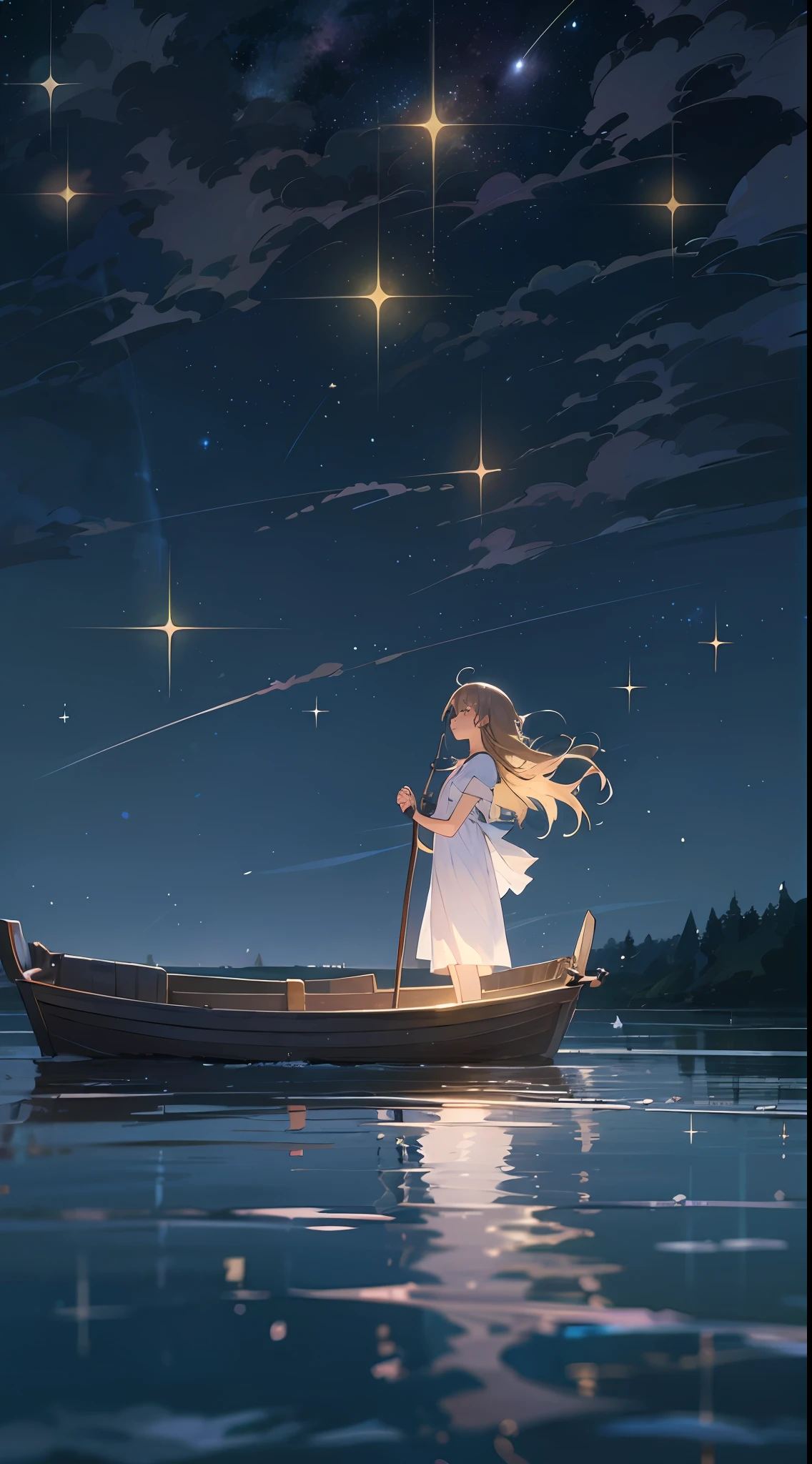 1girl, beautiful eye, smile, summer night starry sky reflected on water surface, serene smile, thin eyebrows, white summer dress, lace hem lightly touching the surface of the water, golden hair, medium length, loose waves flowing in the breeze, eyes shimmering like stars, laying in a small boat, background of a lake under a star-filled sky, dress billowing gently, soft light from the stars illuminating her, hair catching the gleam of the stars, face turned upwards towards the night sky, hands clasped over her stomach, a sense of tranquility in her posture, delicate sandals resting beside her, ripples expanding outwards where the hem of her dress touches the water, twinkling stars reflected in her wide eyes, silhouette of distant trees on the shoreline, the Milky Way stretching out overhead, boat gently rocking with the rhythm of the lake, sound of night-time insects adding to the atmosphere, serene expression mirroring the calm water, the splash of a distant fish, glow from the stars casting a celestial glow over the scene, a shooting star streaking across the sky, hint of wonder in her gaze, luminous night sky mirrored in the still water, soft waves lapping at the boat, peace and quiet of the summer night, her figure bathed in the ethereal starlight, creating a mystical aura, atmosphere of stillness and contemplation,