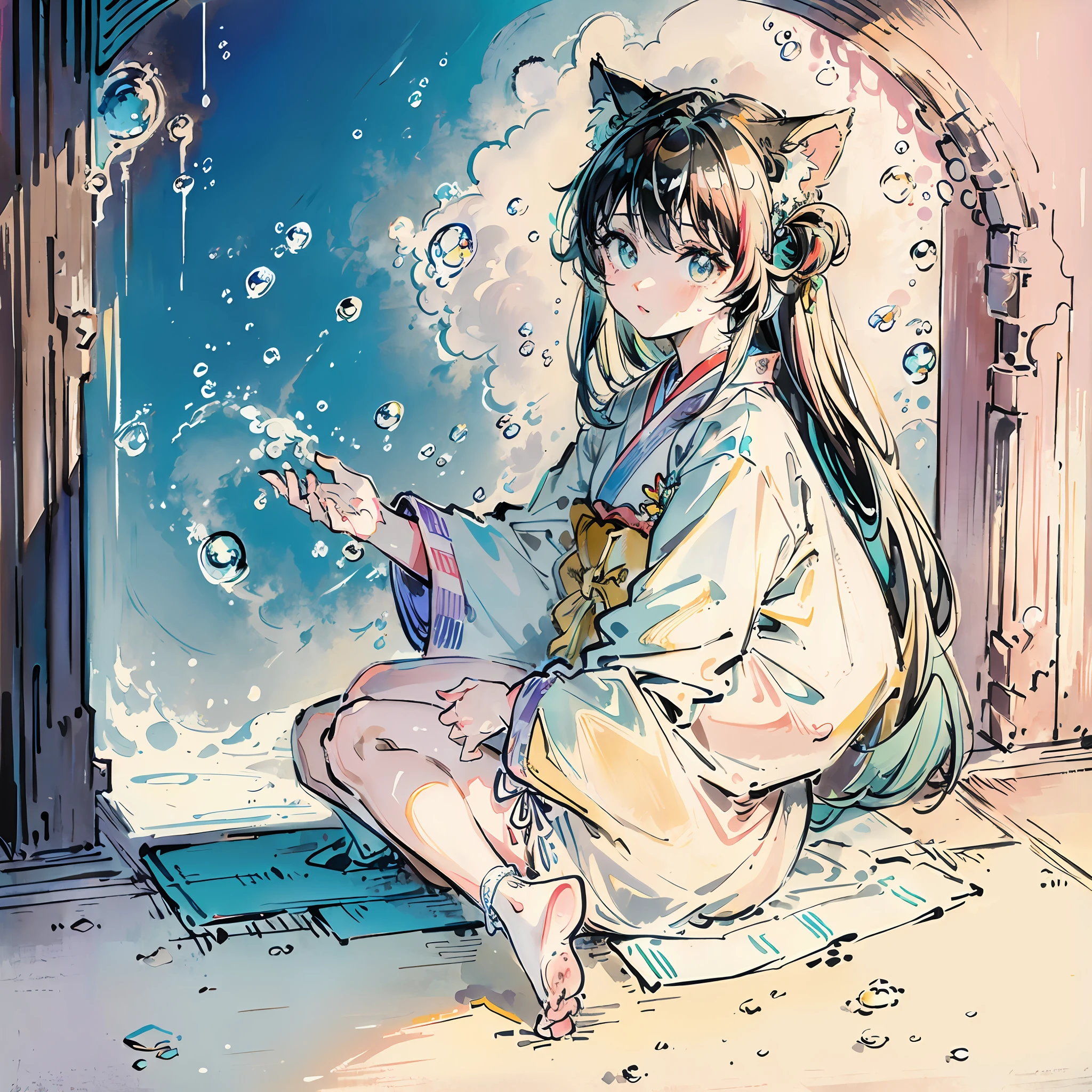 (masterpiece)、(top-quality)、(Holding a cat)、(Official Art、the Extremely Detailed CG Unity 8K Wallpapers)、(ighly detailed)、((absurderes))、1girl in、(rainbow-colored hair)、mid-shot、(Exquisite facial features)、(serafuku:1.3) (( sfw))、((Clean hands))、((White Niso without shoes))、Aqua Eye、colored contact lenses、Stars in the eyes、(((Colorful bubbles)))、Colorful Glass、(album covers)