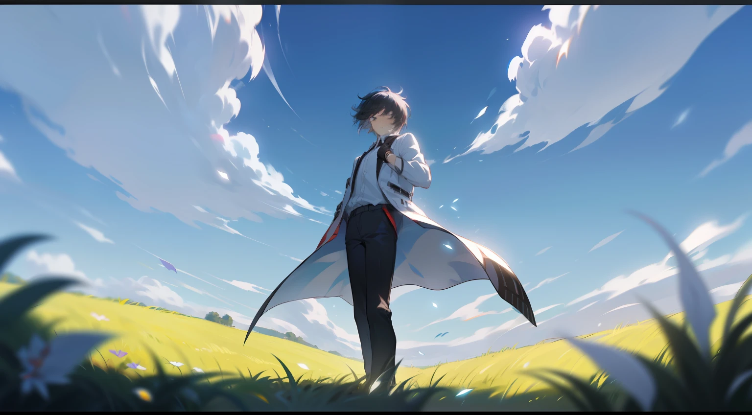(tmasterpiece, best qualtiy), Black shirt, Black pants, Doctor attire, Faraway view, People occupy 1 of the picture/16, 1 boy with short dark blue hair standing on the grass, Wearing a white coat, Blown up by the wind, The sky is blue, The sun is in the upper left corner, Look from the bottom up, a warm color palette, A flowing pure white coat, Run up, The clothing is simple, short detailed hair, Green grass in spring, The small hillside of the blossoms in the distance comes from Ati ·, arknight, atmospheric perspective, letterboxed, negative space, chiaroscuro, anatomically correct