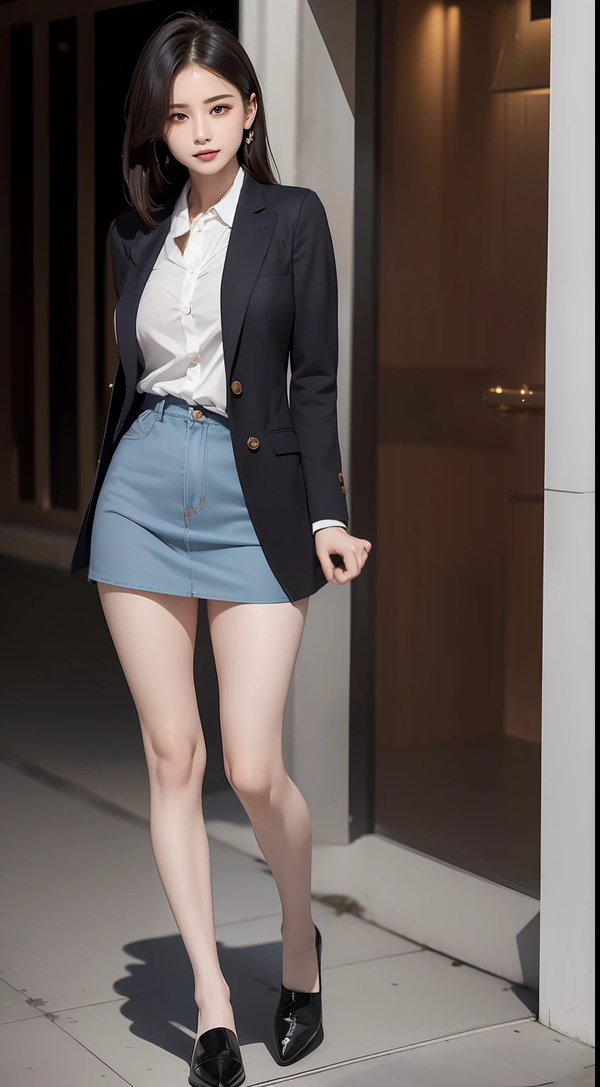 (Masterpiece:1.2), (Best quality), (Full body like:1.3) ,(Ultra detailed), (8K, Intricate), (Lens 135mm,F1.8), (Photorealistic)(Black background:1.3), Portrait photography,(dynamicposes),Side lighting,Edges are lit,Best shadow,Area light source,Perfect anatomy,Perfect face shape,Perfect for women,First-class female body,Refines skin texture,Fine cloth pattern,Meticulous beauty,Delicate and delicate skin,highlydetailed skin,paleskin,Delicate hair,glistning skin,top Quority, realisticlying, 8K, k hd, 1 rapariga, Female pervert, (Full body like:1.3), schools,痴女, blazer jacket, 校服,Visible nipple, with no underpants, The skirt is boldly pulled up, (legs are open), bend the knees and open the legs, The hairstyle is slightly shorter, Open your legs by grasping your knees with your hands, Buttoned shirt flutters