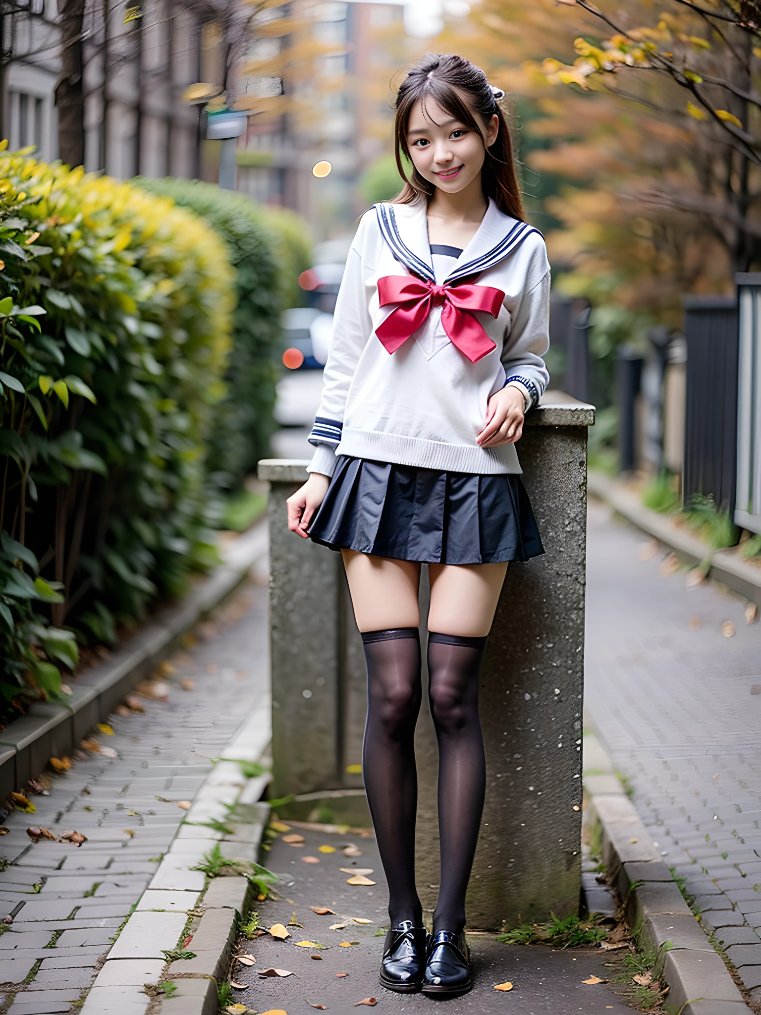 girl with, Cute, brown-haired, 14 years old, Smile, Looks pure, Sailor Suit, Photography, Realistic, Best Quality, Detailed face, Full body, slender, Slender legs, Long legs, knee high socks