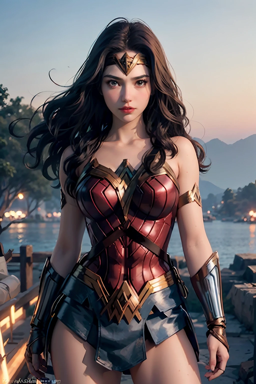 wearing wonder_woman_cosplay_outfit, in front of a sky, 
good hand,4k, high-res, masterpiece, best quality, head:1.3,((Hasselblad photography)), finely detailed skin, sharp focus, (cinematic lighting), night, soft lighting, dynamic angle, [:(detailed face:1.2):0.2], medium breasts, outside,