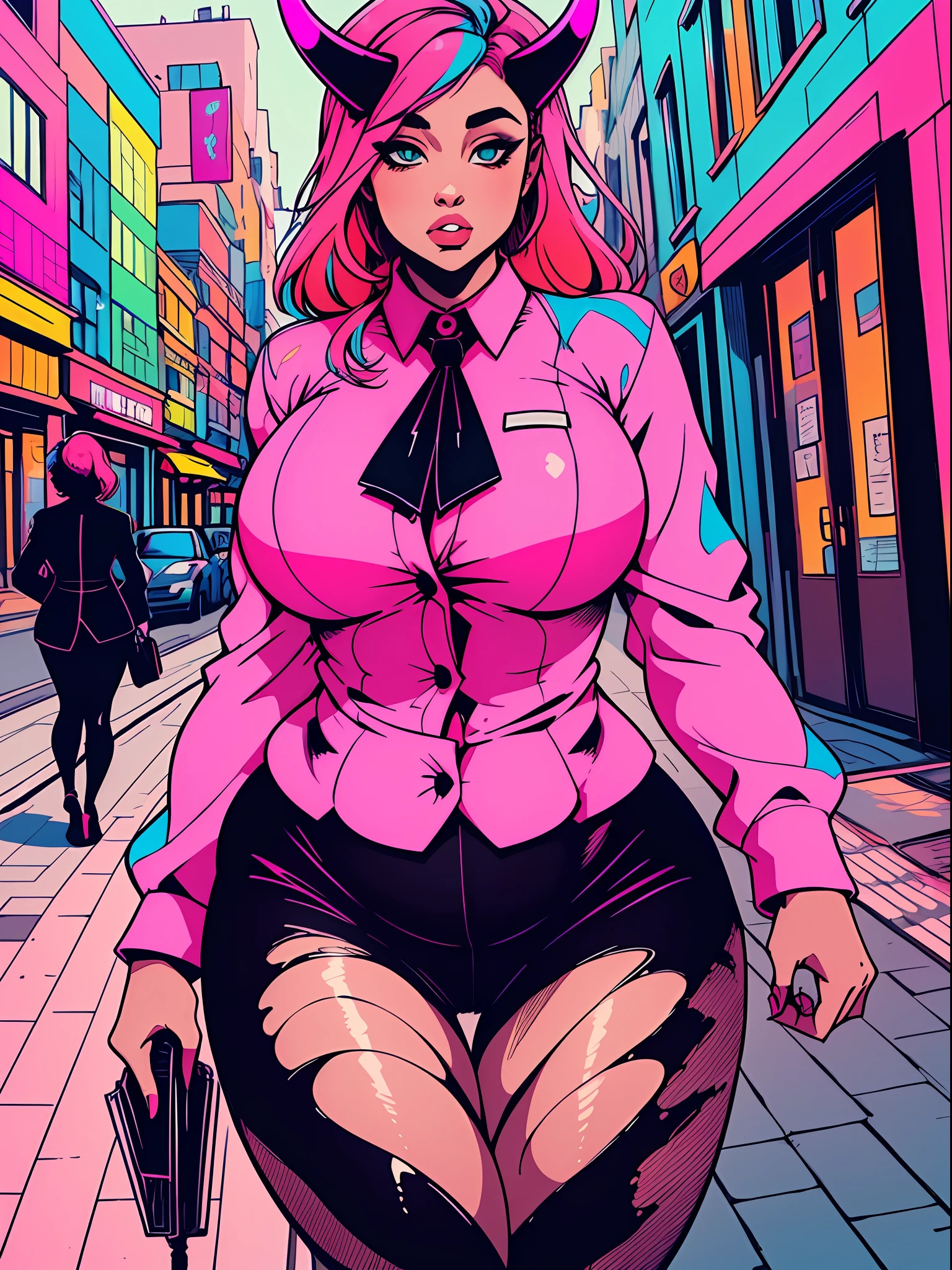 ((Masterpiece, Best)), (1girl), ((Trendy Girl)), Light Pink Hair, Halo, Horn, ((Office Lady)), Bangs, Mid-breasted, (Plump), Slim, Colorful Hair Color, Trendy Clothing, Street Culture