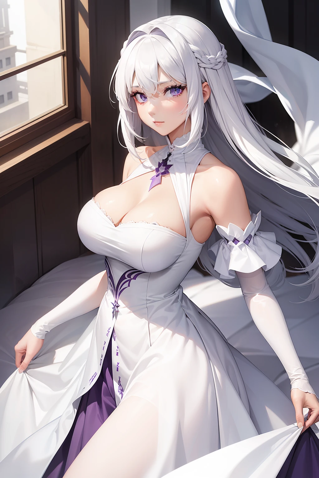 a women, white hair, purple eyes, white dress