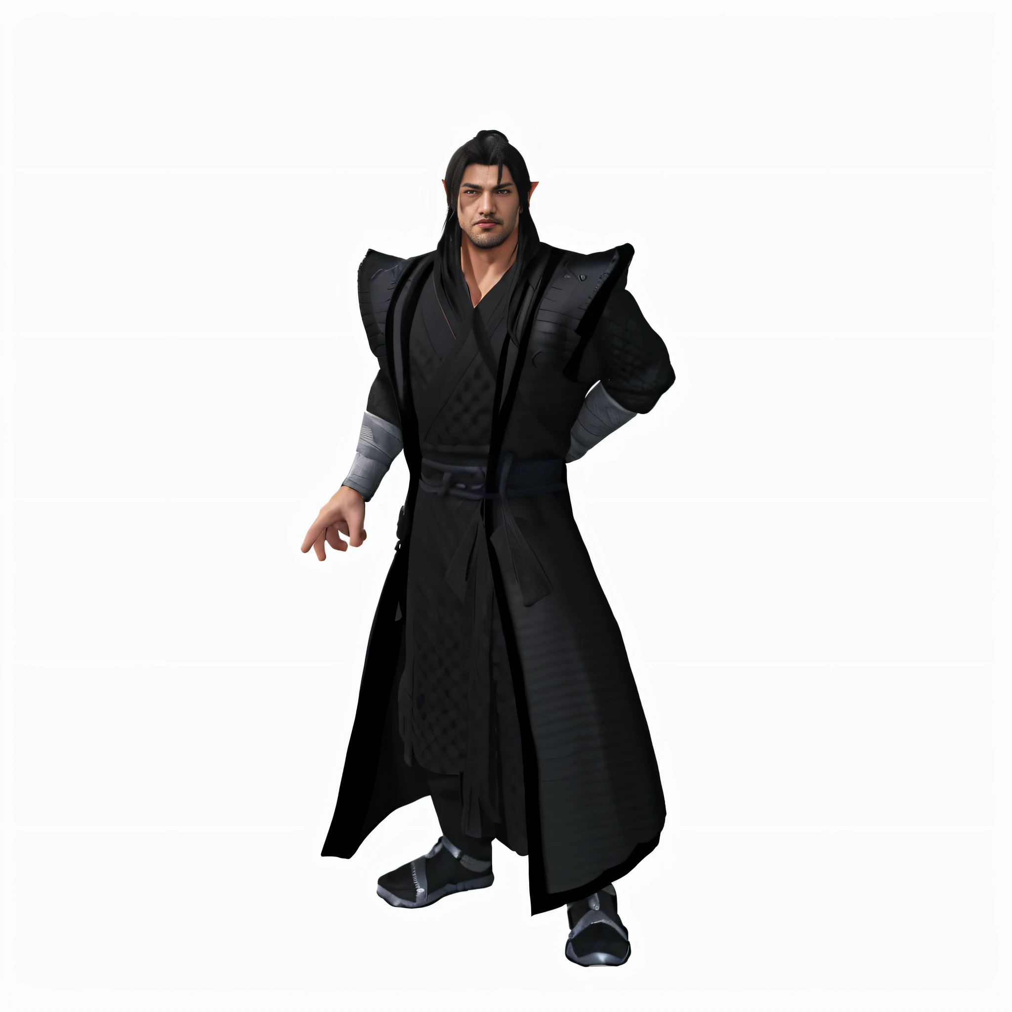 The image of an Araved man in a robe and a sword, full-body wuxia, wearing long black robe, wearing dark robe, As a character in Tekken, noble elf male in black robes, Black robes, inspired by Chen Jiru, wearing black sith robes, Black robe, Wearing a black robe, black leather samurai garment