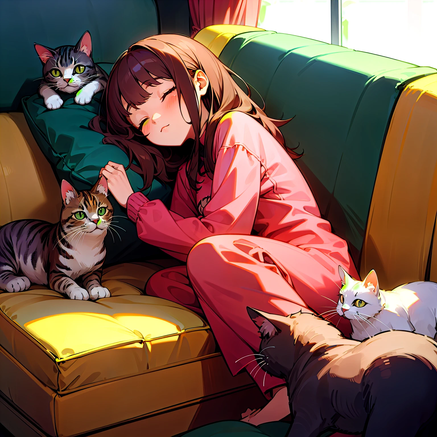 Napping girl and cats, sofa and cushions