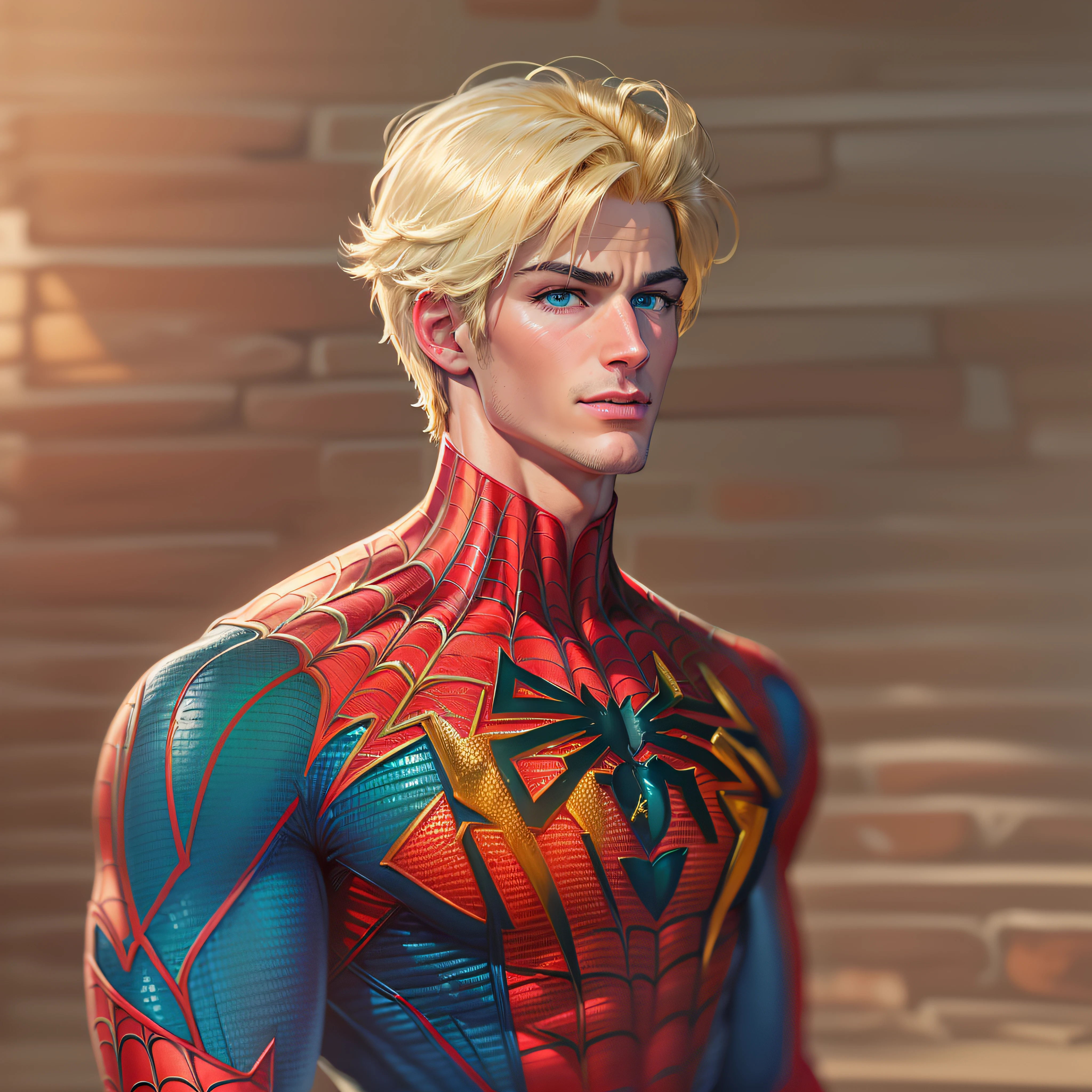 high quality, 1man, (((handsome blonde american Ken as Spiderman dilf))), (((blue eyes))) (((no facial hair)))